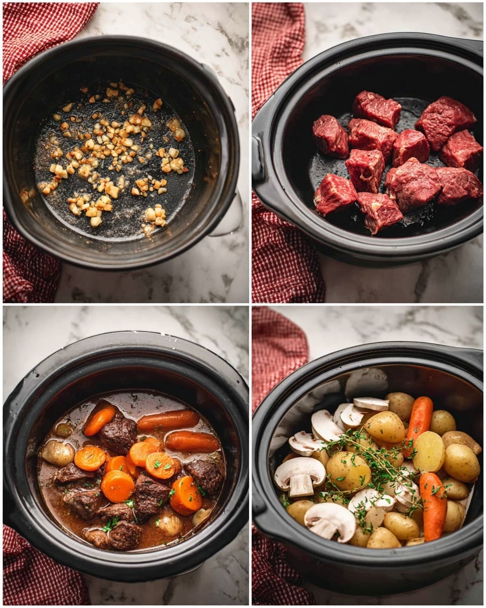 The image shows a four-step cooking process using close-up shots with a white marbled surface and a red-checked cloth in the background. In the top-left image, small golden brown bits of chopped garlic are frying in a black pan. The top-right image shows red chunks of raw meat in the same black pan. The bottom-left image captures a black slow cooker filled with brown stew sauce, orange carrot slices, and small dark meat pieces sprinkled with bits of garlic. The bottom-right image shows the slow cooker again, now filled with golden small potatoes, orange carrot pieces, fresh white sliced mushrooms, and green herbs scattered on top. Photo taken with an iphone --ar 4:5 --v 7