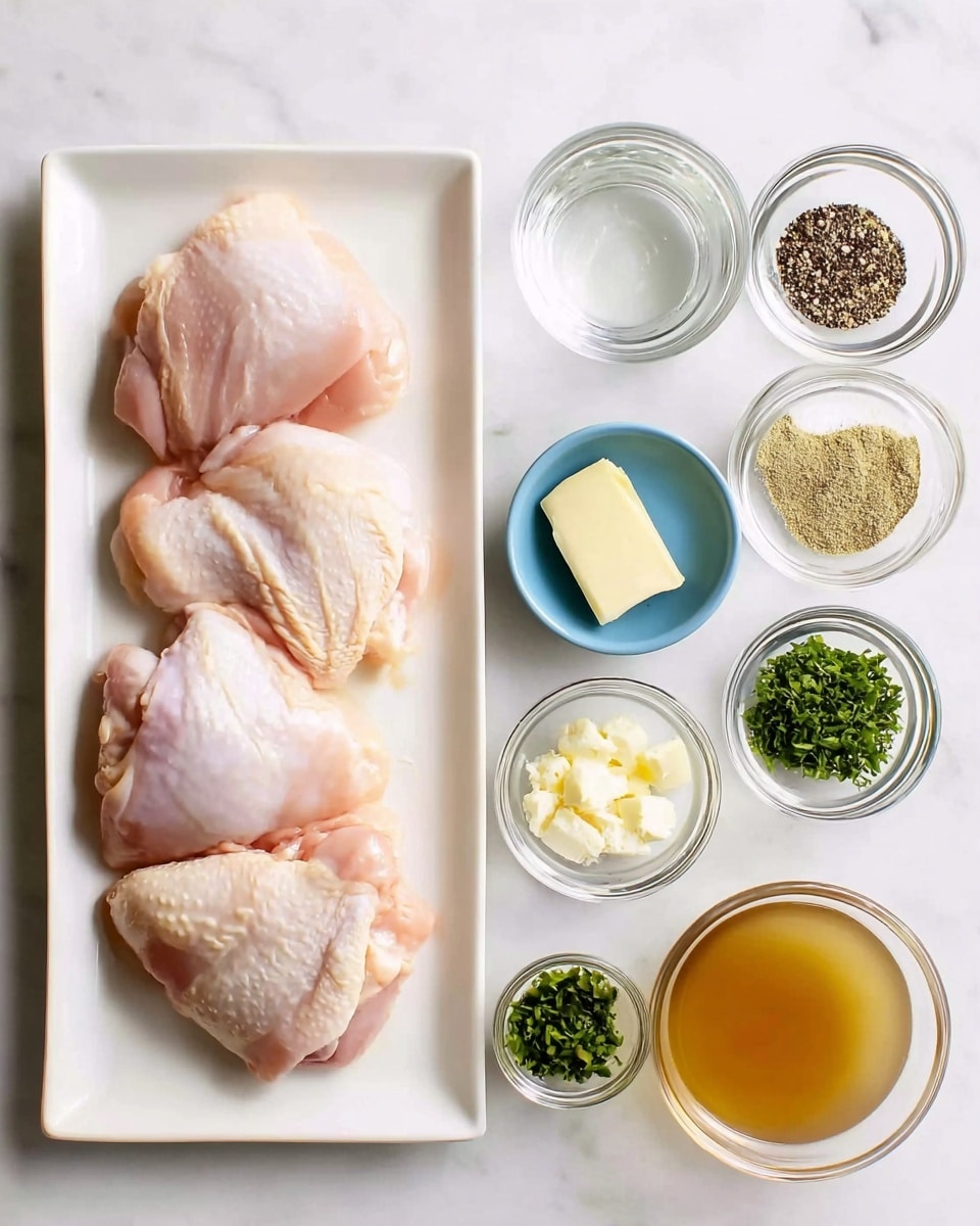 The image shows four raw chicken pieces arranged neatly on a white rectangular plate on the left. To the right of the plate, there are seven small glass bowls arranged in a loose grid on a white marbled surface. From top left to bottom right, the bowls contain clear water, a mix of black pepper and white salt, a small cube of butter, light yellow powder, finely chopped garlic in a green bowl, fresh green parsley leaves, and a light brown liquid. The setup is clean and bright with simple colors and textures. photo taken with an iphone --ar 4:5 --v 7