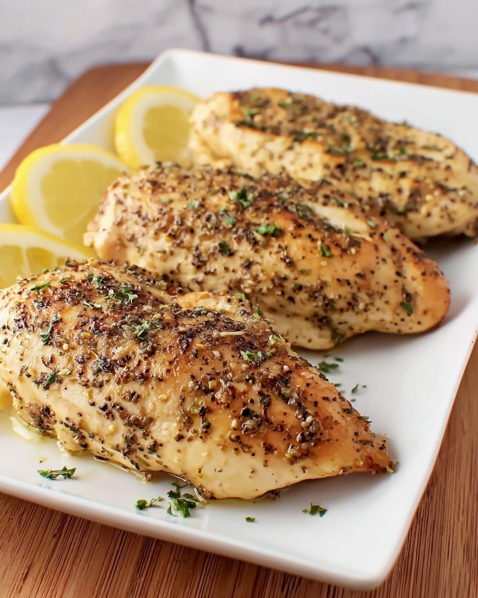 The image shows three large seasoned and cooked chicken pieces arranged side by side on a white rectangular plate. Each piece has a golden-brown, slightly crispy texture with black pepper and green herb sprinkles on top, adding color contrast. Around the chicken pieces, finely chopped fresh green herbs are scattered. To the left of the plate, there are thin yellow lemon slices partially visible. The plate is placed on a wooden board over a white marbled surface. A white bowl with additional lemon slices blurred in the background completes the setting. Photo taken with an iphone --ar 4:5 --v 7