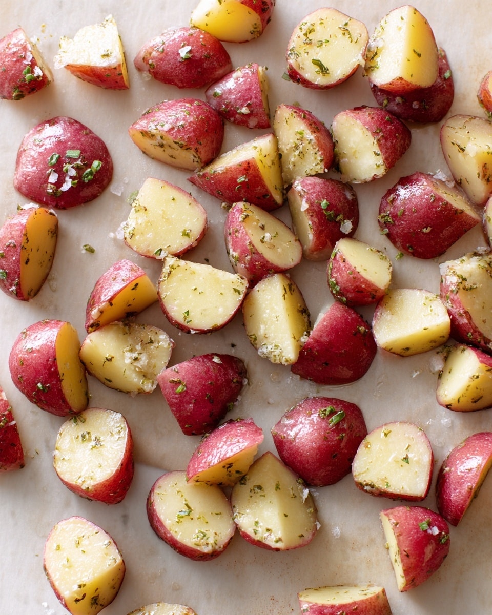 The image shows many small red potatoes cut into halves and quarters, spread out in one even layer on parchment paper, which is placed on a white marbled surface. Each potato piece has a smooth red skin on the outside and a pale yellow inside. The pieces have a slight shine from being coated with oil and sprinkled with green herbs and coarse salt. The arrangement is loose and natural, with the pieces spaced enough to see the parchment paper between them. Photo taken with an iphone --ar 4:5 --v 7