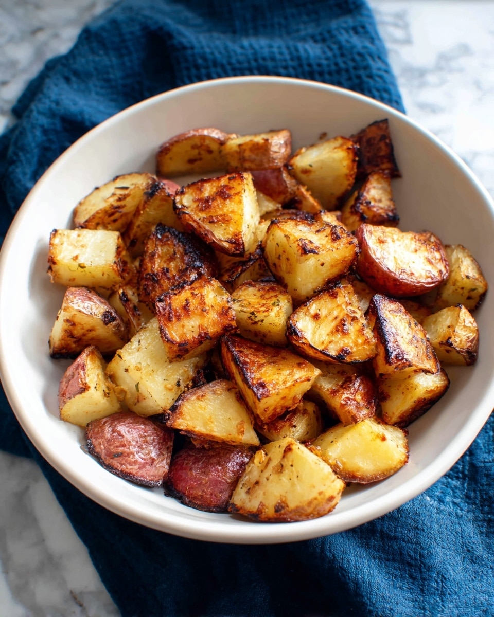 A white bowl filled with roasted potato pieces, each cut into small chunks showing a golden brown, crispy, and slightly charred outer layer, with some darker spots from roasting. The potato skin is red-brown and present on many pieces, while the inside is light yellow and soft. The bowl is set on a white marbled surface with a dark blue cloth underneath. Photo taken with an iphone --ar 4:5 --v 7