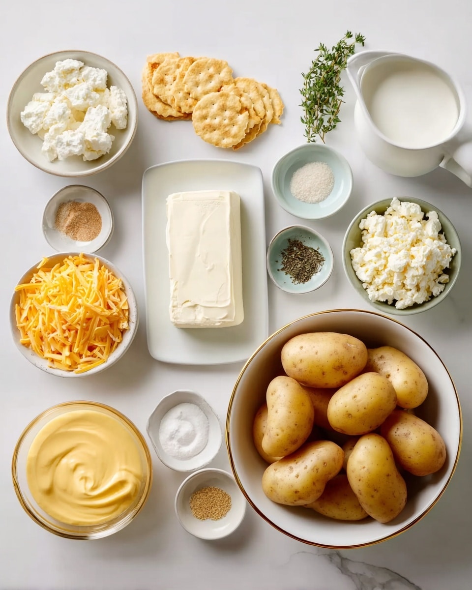The image shows a collection of ingredients neatly placed on a white marbled surface. On the right, there is a white bowl filled with six light brown potatoes with a smooth skin, and one potato outside the bowl. Above it, a white bowl holds round crackers on the right and crushed crackers on the left. Near the center, a small white plate contains a block of white cream cheese with a small green herb sprig above it. Below the cream cheese, a white creamer pitcher holds milk. Surrounding this, several small white and pastel bowls contain different powders and seasonings: beige powders, white salt, black pepper, and a small square of butter on a white scalloped dish. On the left side, a large bowl is full of bright orange shredded cheddar cheese, next to it a large bowl with pale yellow thick cheese sauce. Above these bowls, a small white bowl has cottage cheese, and next to it, a bowl with white sour cream. The overall arrangement is clean, with a mix of creamy, solid, and powder textures and subtle color contrast between yellows, whites, and pale browns. Photo taken with an iphone --ar 4:5 --v 7