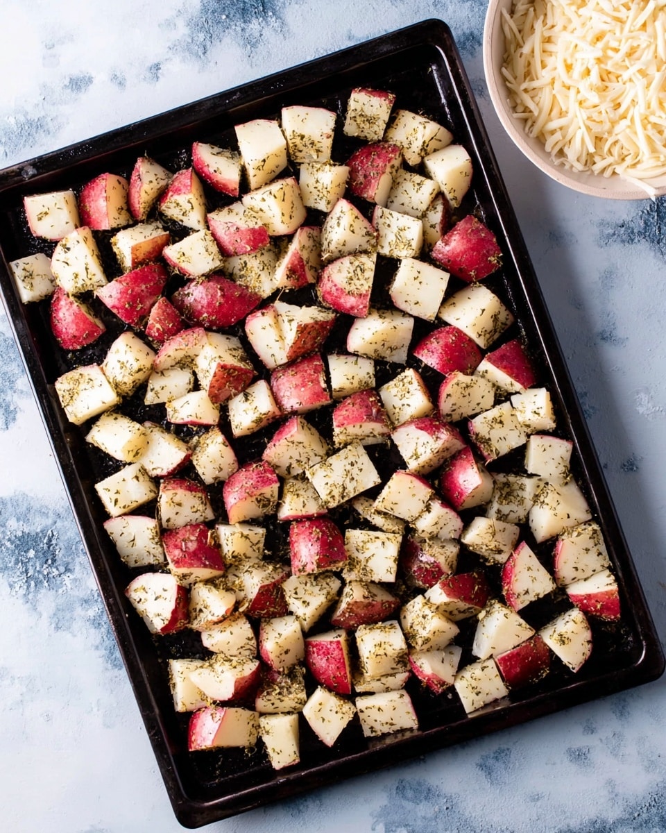 The image shows a single layer of small potato cubes spread evenly on a black baking tray. The potato pieces have red skin with white flesh, seasoned with greenish herbs sprinkled on top. The tray is placed on a surface with a white marbled texture. At the top right corner, part of a white bowl filled with shredded white cheese is visible. Photo taken with an iphone --ar 4:5 --v 7