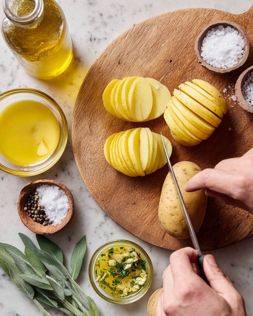 A pair of light yellow potatoes sit on a wooden board, with two already sliced thinly in even layers, while a third potato is being sliced by a pair of hands holding a knife, showing soft yellow potato flesh. Around the board are small bowls containing coarse salt, cracked black pepper, and a clear glass bottle filled with golden oil. There is also a small glass bowl with a yellow-green mixture of oil, garlic, and chopped herbs, with a silver spoon resting inside. Fresh sage leaves lie beside the board on a white marbled surface photo taken with an iphone --ar 4:5 --v 7