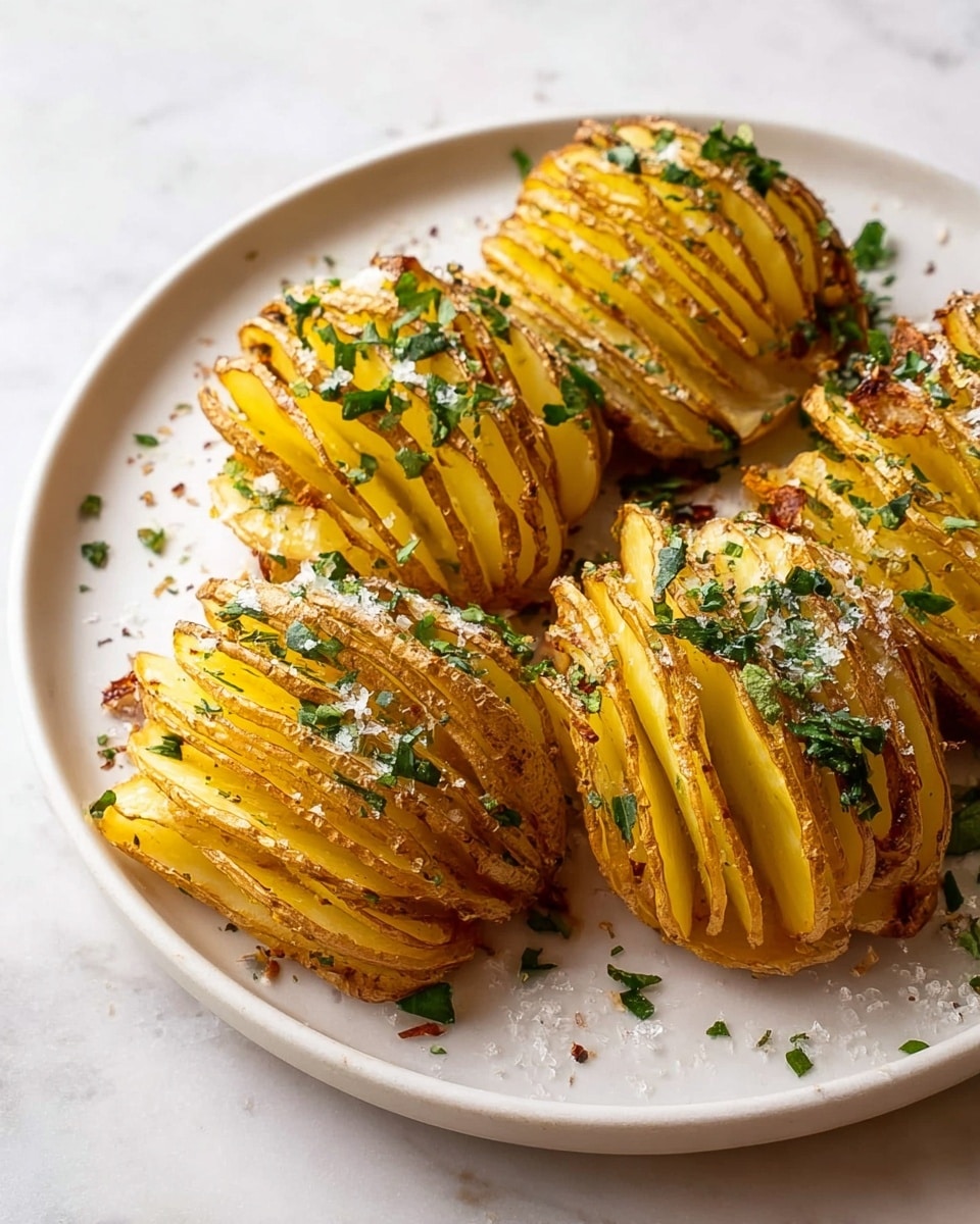 The image shows four sliced potatoes arranged on a round white plate placed on a white marbled surface. Each potato is cut into many thin layers that fan slightly apart, revealing a soft yellow interior. The tops of the potatoes are covered with small green herb pieces and a light seasoning. The skin of the potatoes is golden brown and slightly crispy, adding texture. Some coarse salt grains and chopped herbs are scattered on the plate around the potatoes, creating a fresh look. photo taken with an iphone --ar 4:5 --v 7