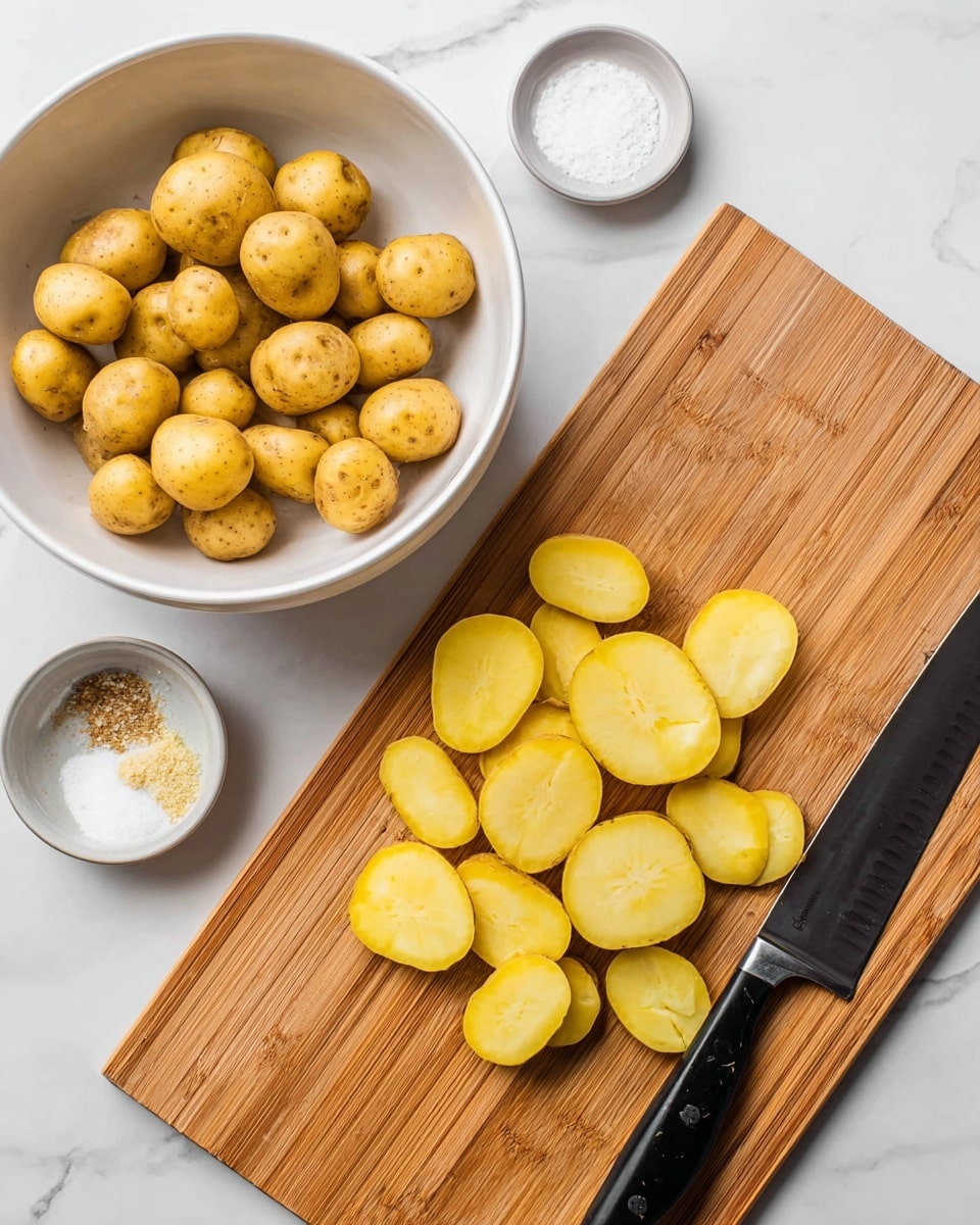 A white bowl full of small yellow potatoes sits to the left on a white marbled surface, next to two small white bowls, one filled with salt and the other with garlic powder. On a light brown wooden cutting board placed in the center, a group of sliced yellow potatoes with their skin on are spread out. A large knife with a black handle lies on the bottom right corner of the cutting board, ready for use. The overall scene is bright and clean, presenting a simple kitchen setup for preparing potatoes. photo taken with an iphone --ar 4:5 --v 7