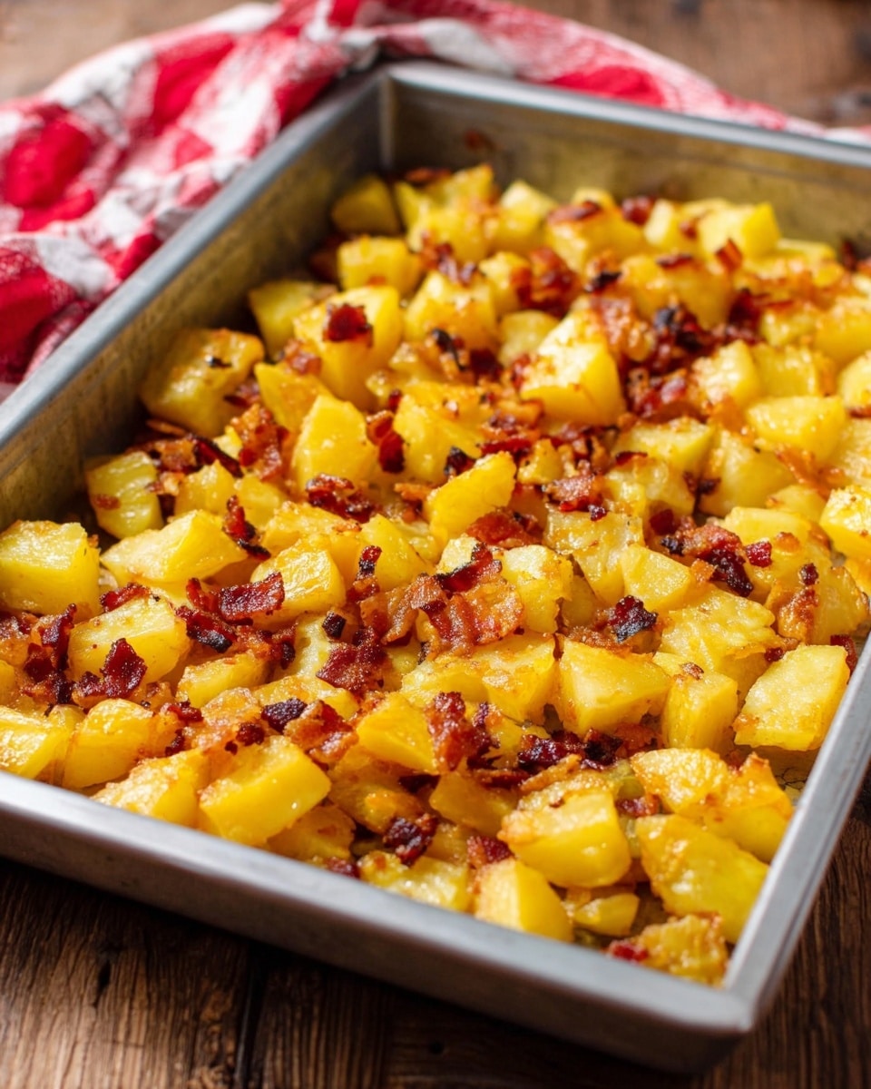 The image shows a metal baking pan filled with a mixture of roasted cubed potatoes and small pieces of browned crispy bacon. The potatoes are golden yellow with a slightly shiny, soft texture, and have some browned edges, indicating they were cooked until tender. The bacon pieces are scattered unevenly on top, adding dark red-brown spots contrasting with the yellow potatoes. The pan is resting on a wooden table, and a red and white checkered cloth is visible in the background. The overall look is warm and inviting, with a rustic, home-cooked feel. Photo taken with an iphone --ar 4:5 --v 7