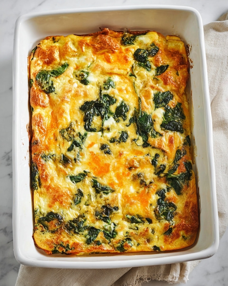 A rectangular white ceramic baking dish filled with a baked egg dish showing two main layers: the top layer is golden-yellow with patches of melted orange cheese, scattered wilted dark green spinach leaves visible throughout. The edges of the dish are slightly browned and crispy, with the mixture looking soft and fluffy inside. The dish sits on a white marbled surface accompanied by a light beige cloth on the side. photo taken with an iphone --ar 4:5 --v 7
