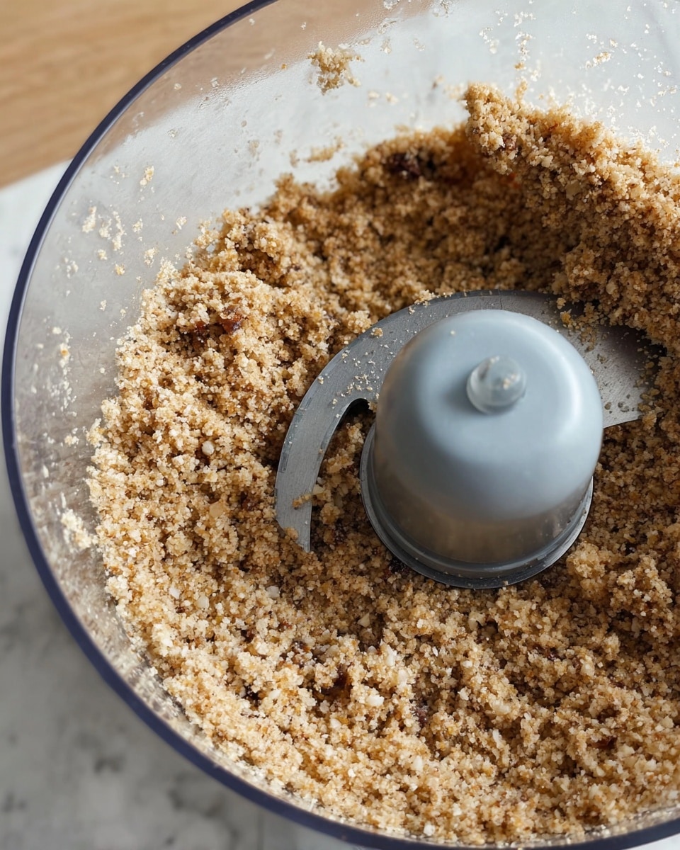 The image shows a close-up view of a food processor bowl filled with coarsely ground light brown and beige mixture, with small darker brown bits spread evenly throughout. The textured mixture sits around the grey plastic blade attachment in the center of the bowl. The clear plastic bowl is on a white marbled surface with a wooden texture barely visible outside the frame. The focus is on the mixture’s crumbly but moist consistency. Photo taken with an iphone --ar 4:5 --v 7