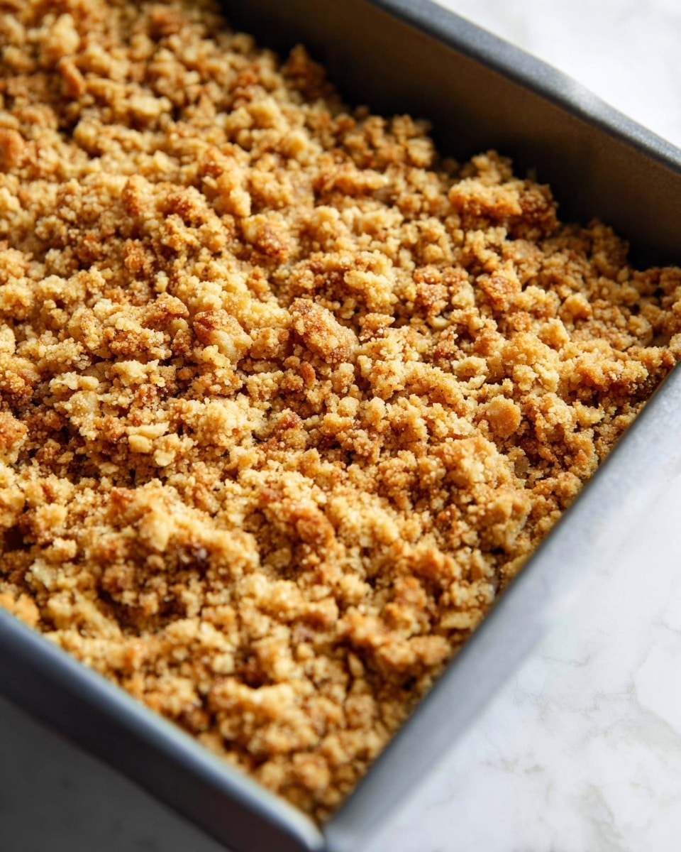 A close-up view of a baking tray filled with a single thick layer of golden brown crumb topping. The crumb layer looks crunchy with small irregular pieces and a rough texture, showing a mix of light and darker toasted tones. The tray is metallic and deep, holding the crumb layer securely. The background shows a white marbled surface. photo taken with an iphone --ar 4:5 --v 7