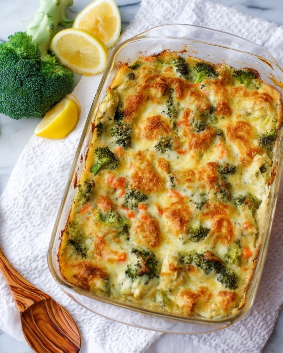 The image shows a white rectangular glass baking dish filled with a creamy casserole topped with a golden-brown layer of melted cheese that has bubbly, slightly crispy patches. Beneath the cheese, visible pieces of green broccoli and bits of tender-looking orange carrots are mixed with a creamy, light yellow sauce, giving a chunky texture. The dish sits on stacked white cloths over a white marbled surface, next to a wooden spoon with a swirled pattern. In the background, a fresh head of broccoli and lemon wedges rest on the white marbled surface, adding green and yellow color to the scene. A woman's hand is partially visible near the top edge of the dish, adjusting the frame. photo taken with an iphone --ar 4:5 --v 7