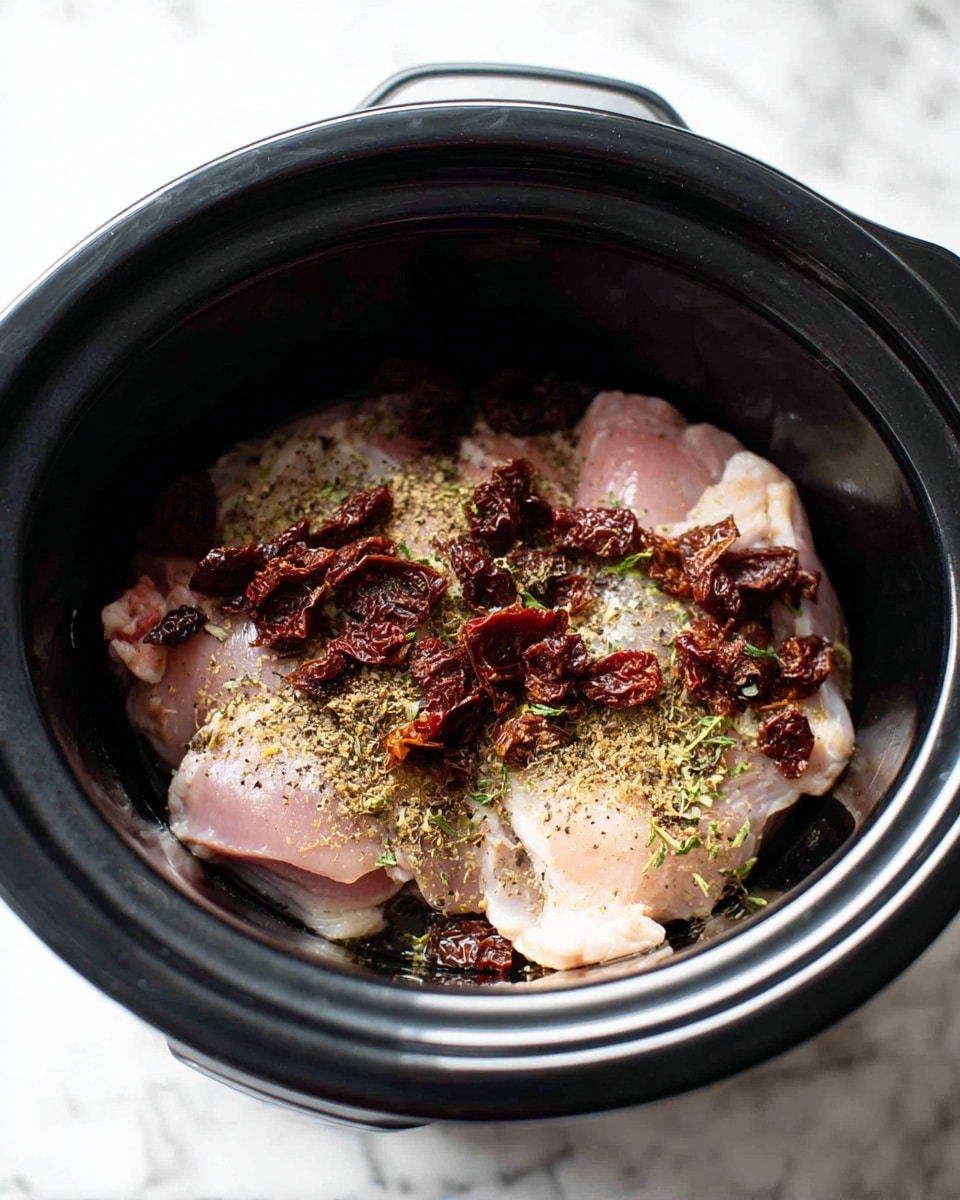 Inside a black slow cooker, there are two raw pink chicken thighs as the bottom layer, sprinkled lightly with green herbs and black pepper seasoning. On top of the chicken pieces are small uneven chunks of dark brown dried tomatoes spread over the surface. The slow cooker sits on a white marbled surface, showing part of its black lid handle. The photo taken with an iphone --ar 4:5 --v 7