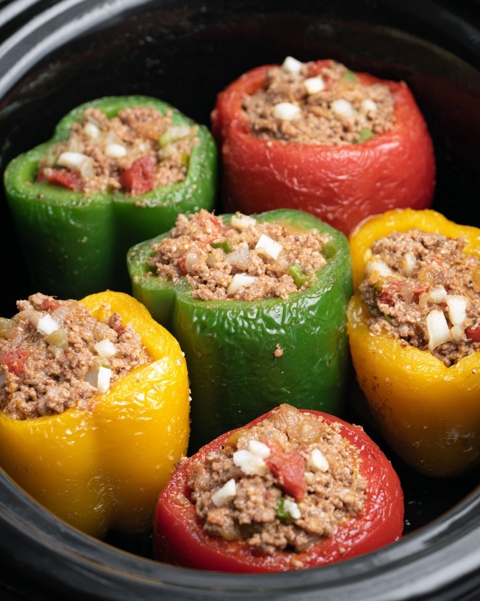 Six stuffed bell peppers sit in a black slow cooker. There are three green peppers, two yellow peppers, and one red pepper. Each pepper is filled to the top with a mixture of ground meat and some small white chunks. The filling looks a bit coarse, with bits of red and white visible throughout. The peppers stand upright, closely packed together, showing their shiny, smooth outer skin. The inside filling contrasts with the bright colors of the peppers. Photo taken with an iphone --ar 4:5 --v 7
