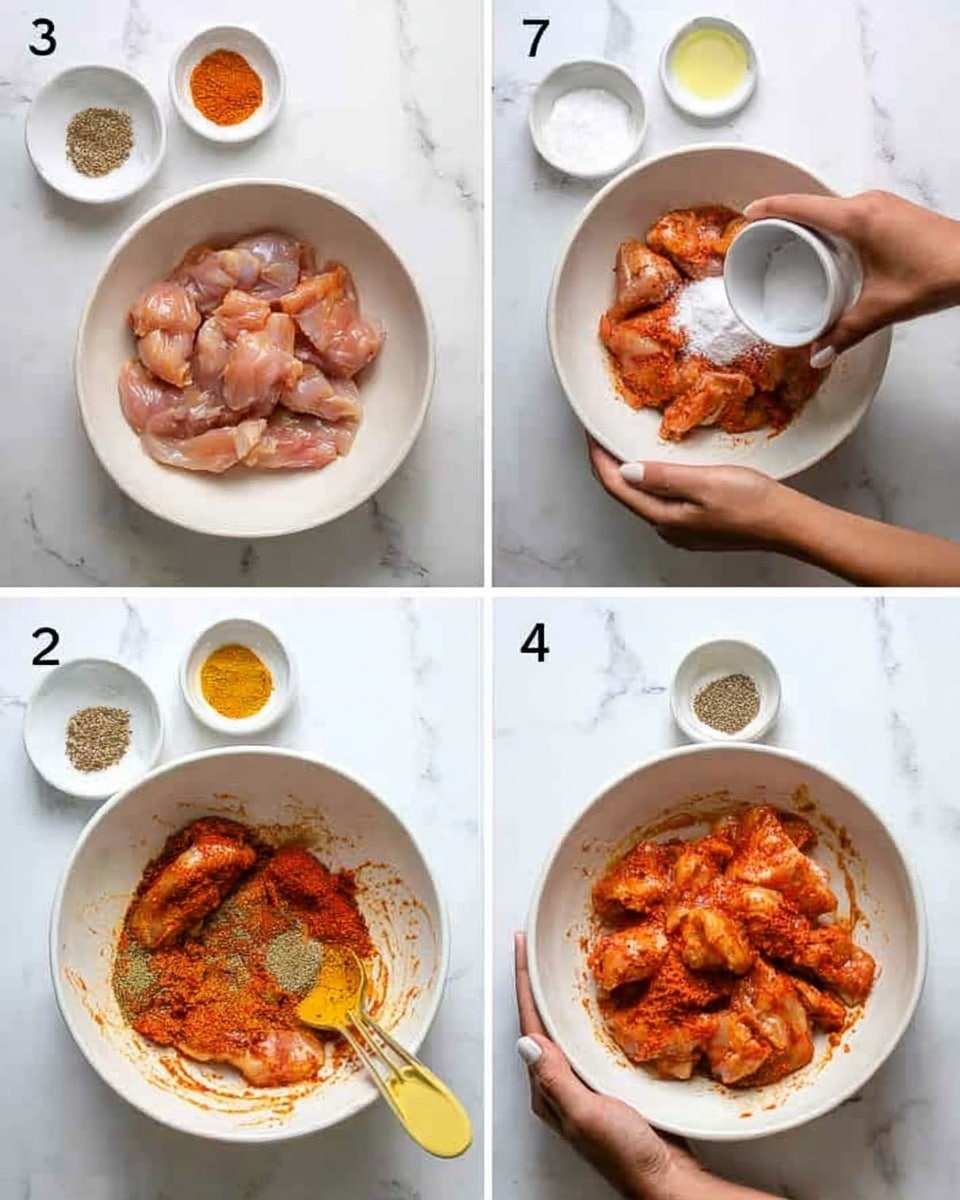 The image shows four steps of marinating chicken pieces in a white bowl on a white marbled surface. In the first step, uncooked chicken pieces are placed in the bowl, surrounded by small white bowls containing different ingredients like paste, salt, and oil. In the second step, a woman's hand holds the white bowl while pouring white salt over the chicken pieces. The third step shows the chicken pieces covered with several colorful spices, including red, yellow, and brown powders, with a yellow spoon resting on the side of the bowl. The fourth step shows a woman's hands holding the bowl filled with chicken pieces thoroughly mixed with the spices, turning them into a reddish-orange color with a thick coating. Photo taken with an iphone --ar 4:5 --v 7