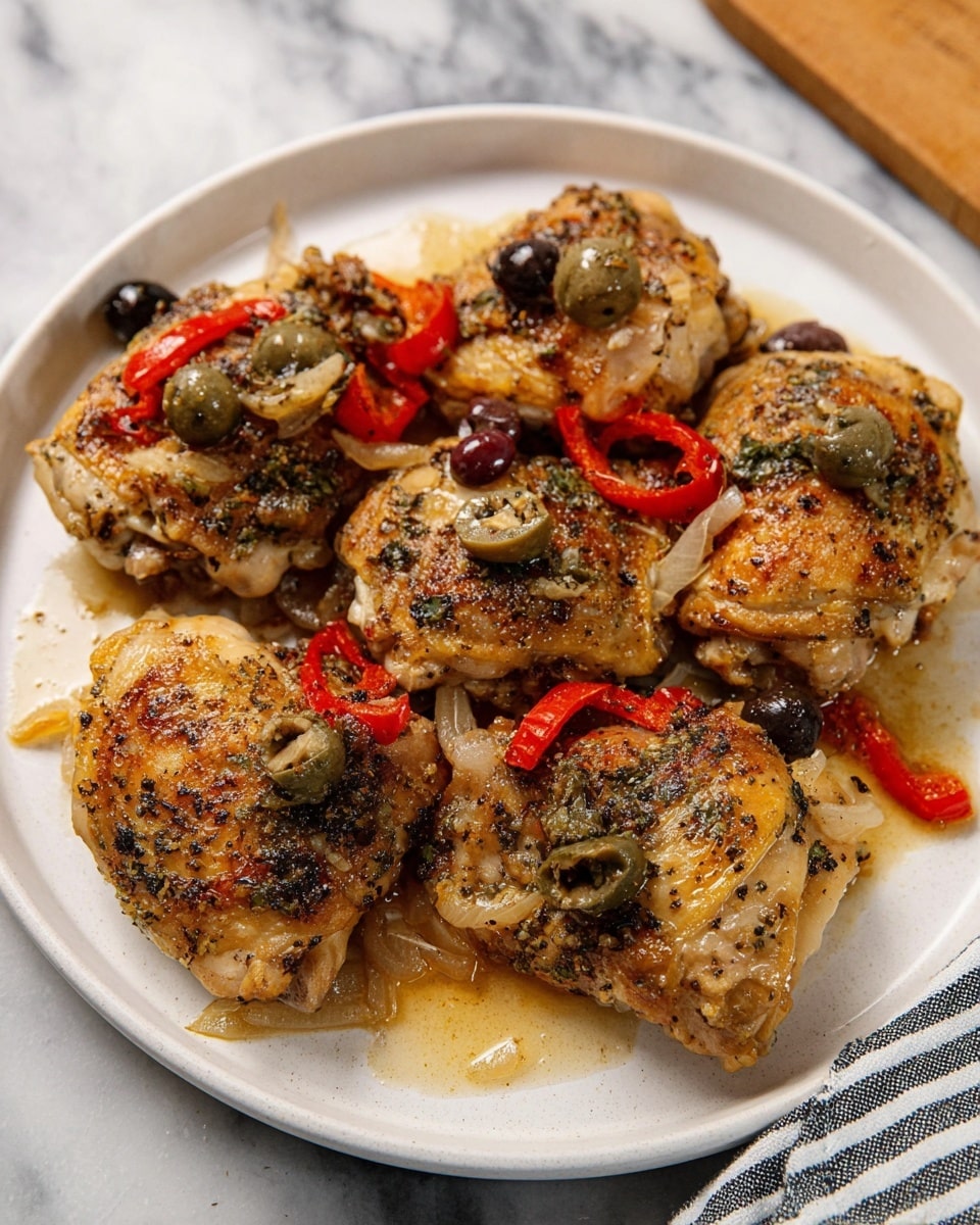 A white plate holds seven cooked chicken thighs arranged closely together. Each piece of chicken has a golden-brown crispy skin with visible pepper and herb seasoning. On top and around the chicken, there are slices of black olives, small green capers, thin strips of roasted red bell pepper, and translucent cooked onion pieces. The plate has some light sauce or juices pooling around the chicken. The background shows a white marbled surface with a glimpse of a wooden board and a striped cloth on one side. Photo taken with an iphone --ar 4:5 --v 7