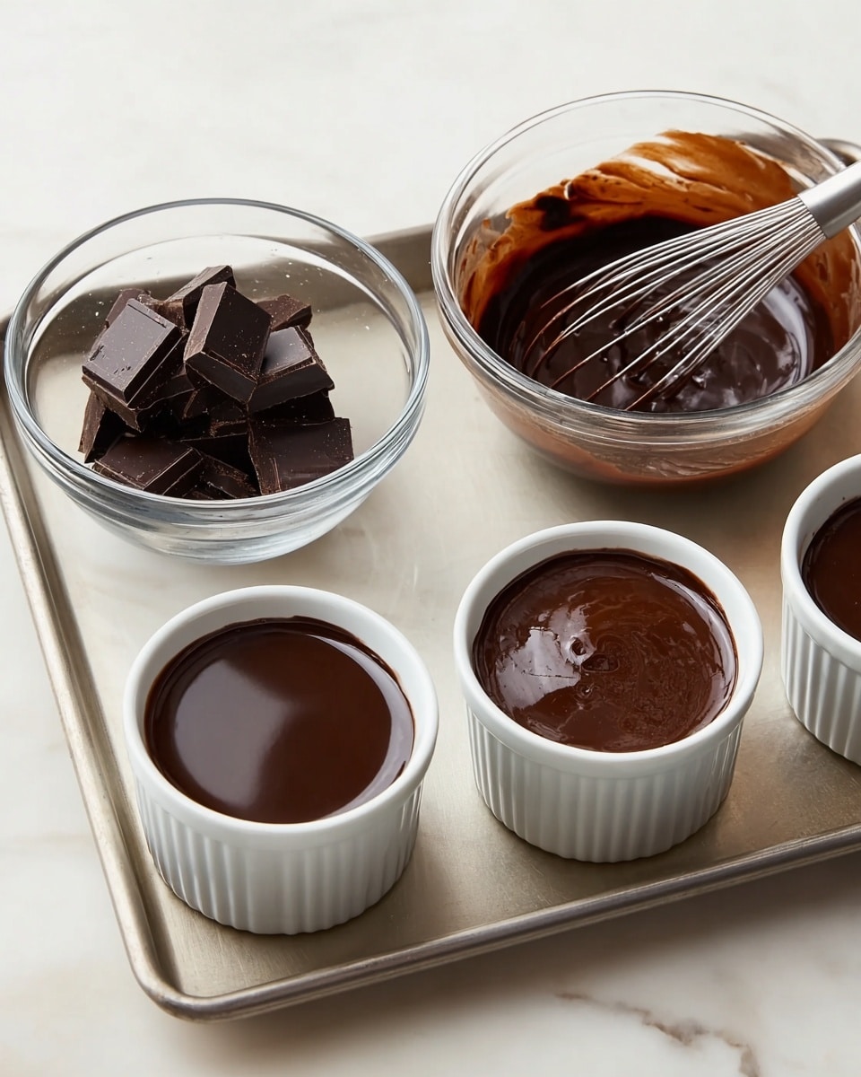 The image shows four steps of making a chocolate dessert. On the left, there is a clear glass bowl filled with dark chocolate pieces stacked together. Next, a similar glass bowl holds melted dark chocolate, smooth and glossy. The third part shows the same melted chocolate being mixed with a metal whisk in the glass bowl. On the right, there are two white ramekins side by side on a metal tray, filled with a smooth, thick, dark chocolate mixture. The background is a white marbled surface. Photo taken with an iphone --ar 4:5 --v 7