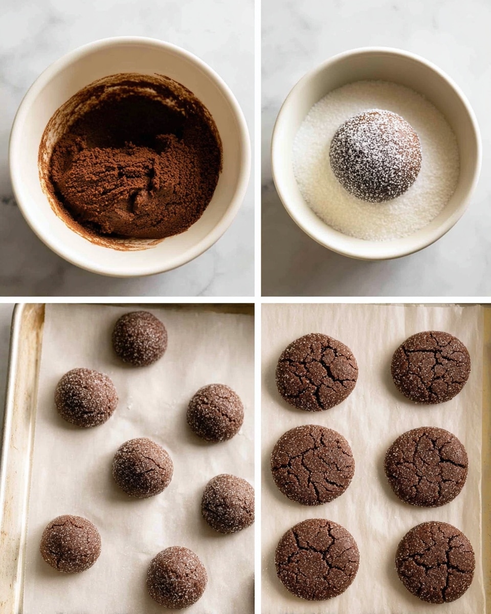 The image shows a four-step process of making chocolate cookies. The top left part shows a white bowl with thick, dark brown chocolate dough inside, its texture dense and a little rough. The top right part displays a single round ball of dough covered in white sugar, sitting inside a white bowl filled halfway with sugar grains. The bottom left part shows eight evenly spaced dough balls covered in sugar, placed on white parchment paper on a baking tray. The balls have a rough, grainy surface. The bottom right part presents eight baked cookies on white parchment paper on a baking tray, with cracked tops and a soft, dense look, maintaining a round shape. The whole scene is set on a white marbled surface. Photo taken with an iphone --ar 4:5 --v 7