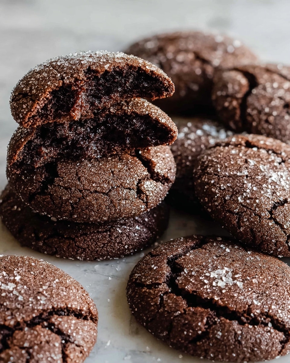 A group of dark brown chocolate cookies with a shiny sugar-crystal surface is arranged on a white marbled texture. In the middle, there are four cookie pieces stacked one on top of another, showing a soft, dense, and moist inside. Around the stack, whole round cookies with cracked tops are spread out. The texture of the cookies looks soft and chewy. photo taken with an iphone --ar 4:5 --v 7