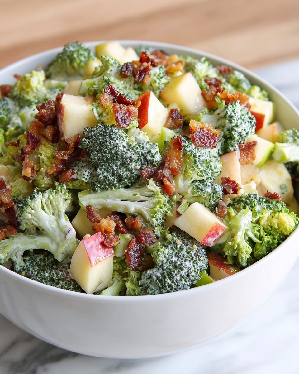 A white bowl filled with a broccoli salad showing three main layers: a base layer of bright green broccoli florets with rough texture, a middle layer of small pale yellow apple cubes mixed throughout, and a scattered top layer of crispy brown bacon pieces. The ingredients are lightly coated with a creamy dressing giving a smooth white texture among the broccoli and apples. The bowl sits on a white marbled surface. Photo taken with an iphone --ar 4:5 --v 7