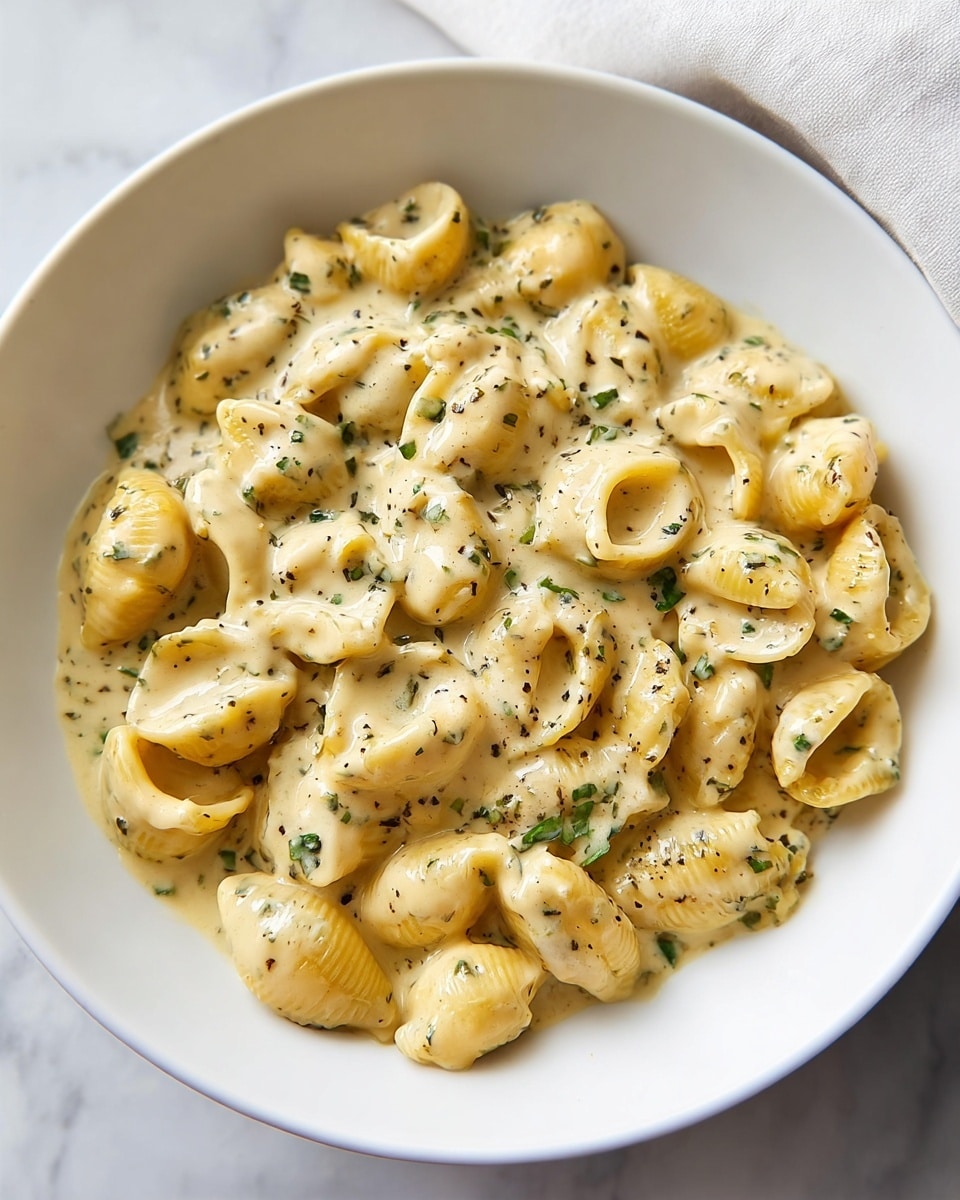 A white bowl holds a single layer of small pasta shells coated evenly in a creamy, pale yellow sauce speckled with green and black herbs. The sauce has a smooth and slightly thick texture that covers each pasta piece closely, with visible herbs throughout. The bowl sits on a white marbled surface with soft natural light coming from the side. In the top right corner, a white cloth is slightly visible. The overall look is simple and fresh, focusing on the creamy pasta dish. photo taken with an iphone --ar 4:5 --v 7
