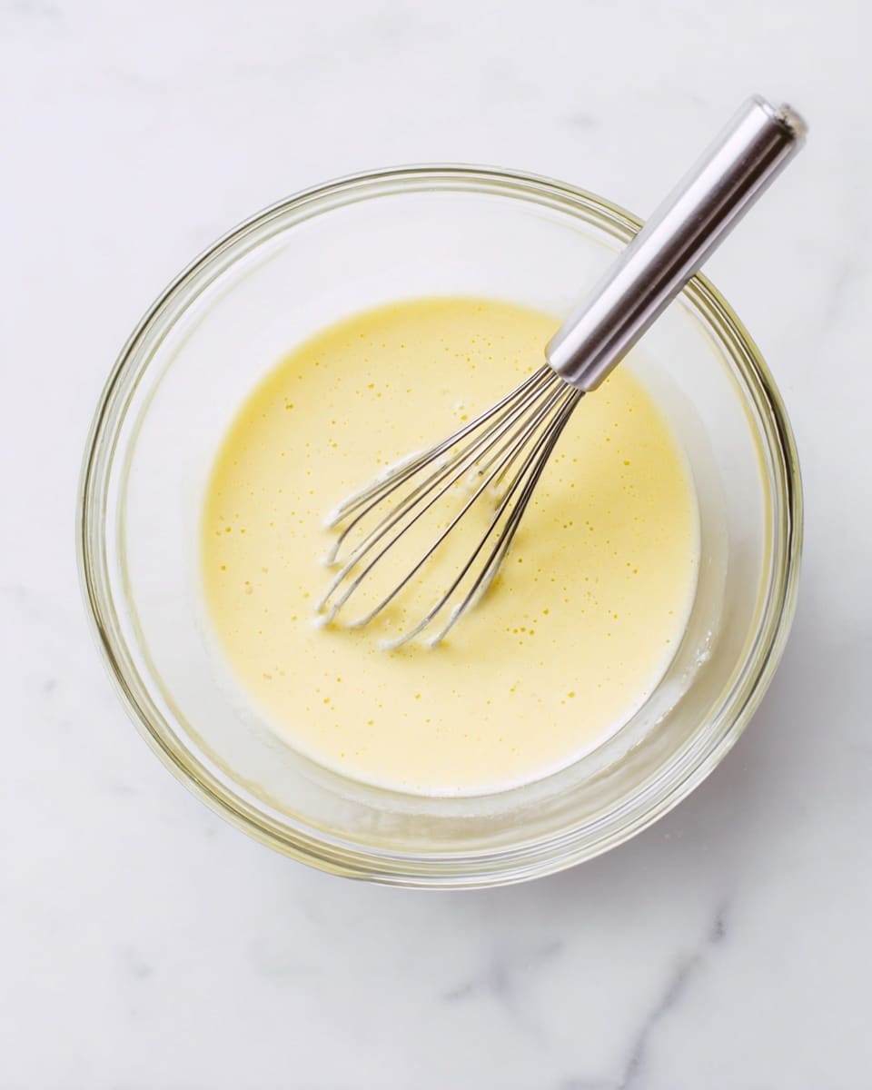 A clear glass mixing bowl filled with a smooth, pale yellow batter that has a slightly shiny texture. Inside the bowl, a silver metal whisk with thin wires is partially submerged in the batter, resting on the right side. The bowl is placed on a white marbled surface, giving a clean and bright background. The light reflects softly off the whisk and batter, showing the creamy consistency and subtle air bubbles on the surface photo taken with an iphone --ar 4:5 --v 7