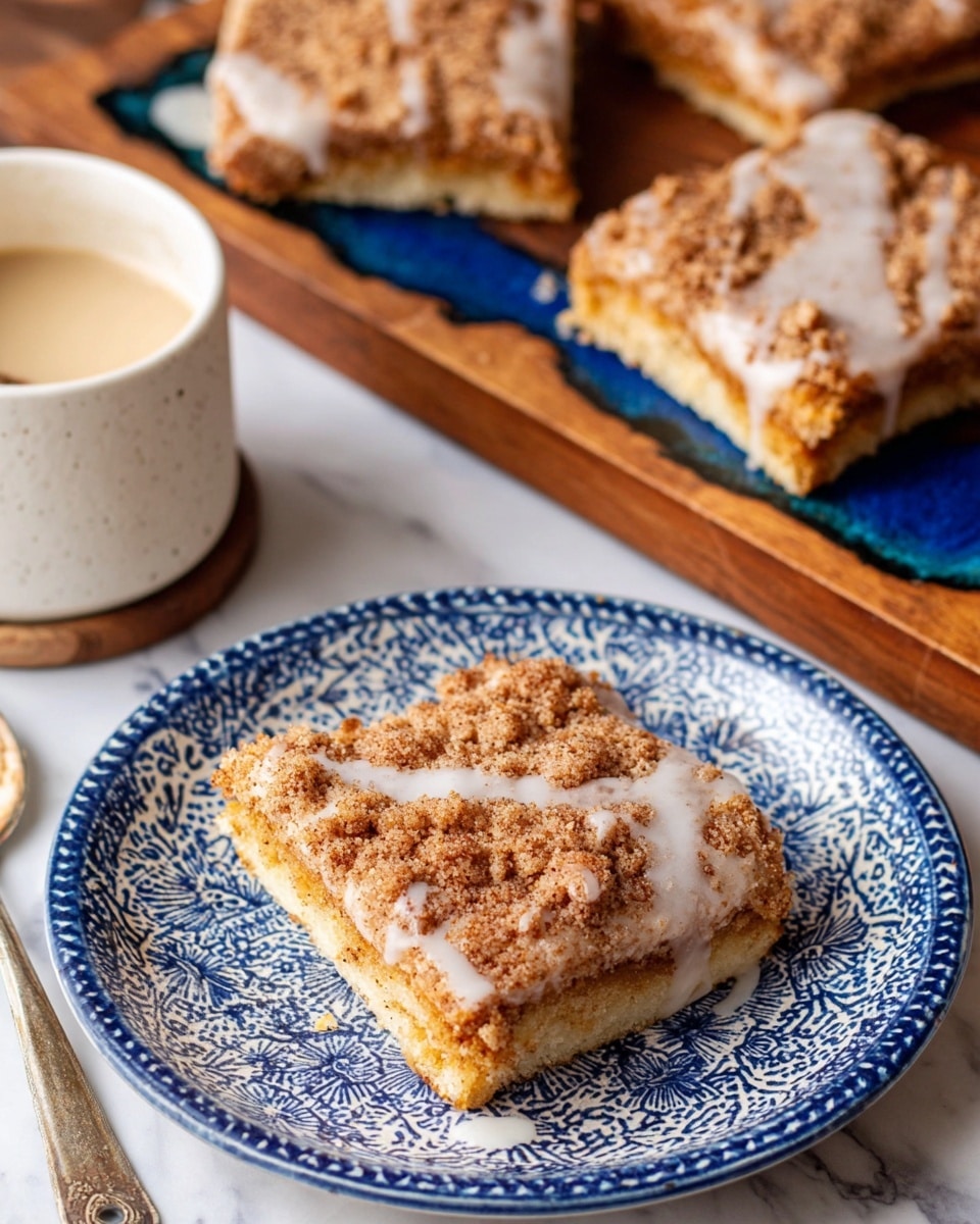 Two square slices of cinnamon crumb cake sit on a white plate with blue decorative patterns. Each slice has a thick, light golden base layer topped with a crumbly, brown cinnamon sugar layer. A thin white glaze is drizzled unevenly over the crumb topping, adding a shiny contrast. Behind the plate, more cake slices rest on a wooden board with a dark blue resin detail on one edge. A white bowl with light beige glaze sauce and a spoon is partially visible to the left. The whole scene is set on a white marbled surface photo taken with an iphone --ar 4:5 --v 7