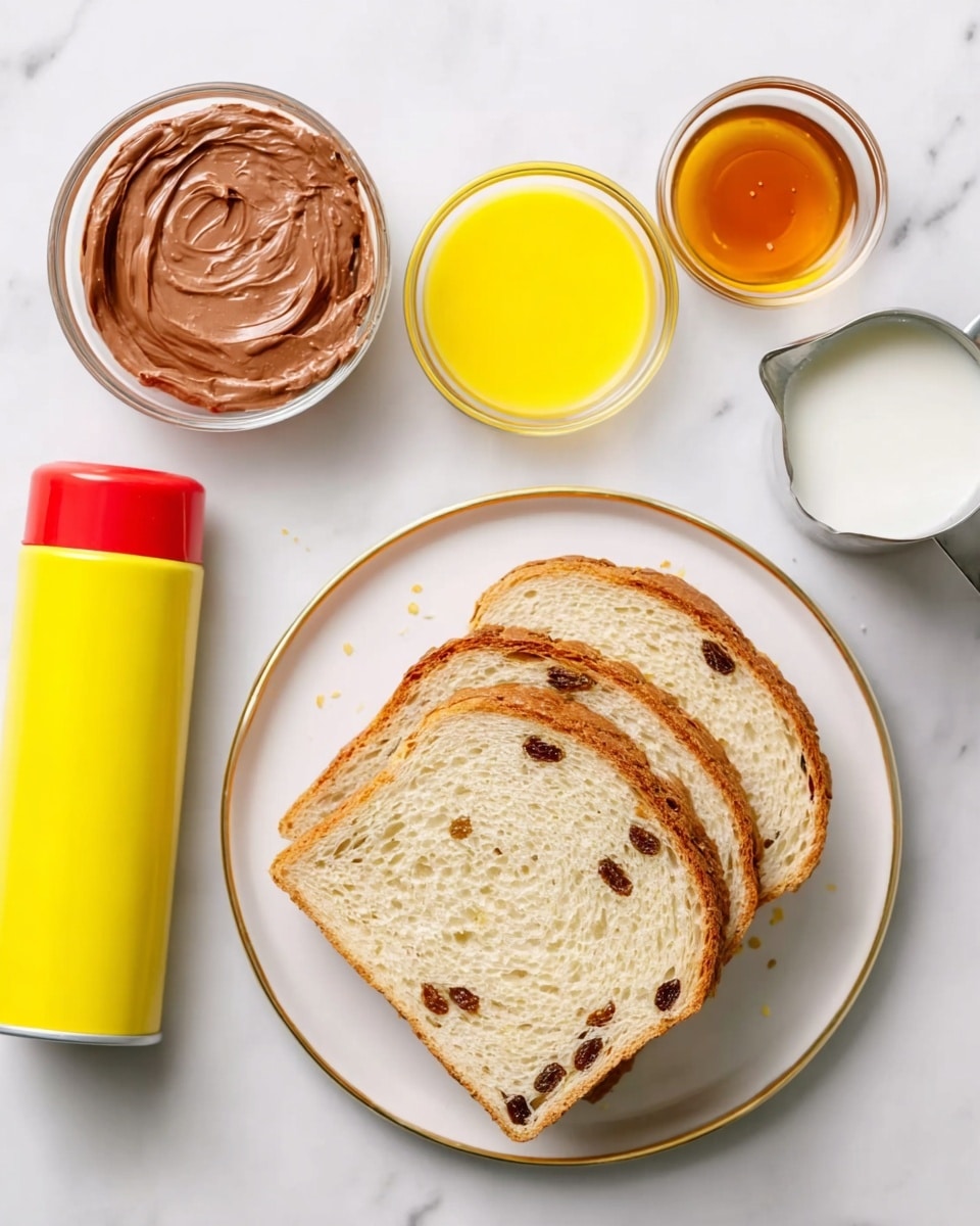 The image shows four slices of raisin bread placed side by side on a white plate with a thin golden rim, set on a white marbled surface. Above the plate, there are three small glass bowls containing different ingredients: a thick spread with a smooth, chocolate brown texture, a bright yellow liquid, and a small amount of a clear, amber liquid. To the right of the bowls, there is a silver measuring cup filled with a white liquid, likely milk. On the left side of the plate and bowls, there is a yellow spray can with a red cap lying horizontally. The overall composition is neatly arranged and colorful with a clean look. photo taken with an iphone --ar 4:5 --v 7