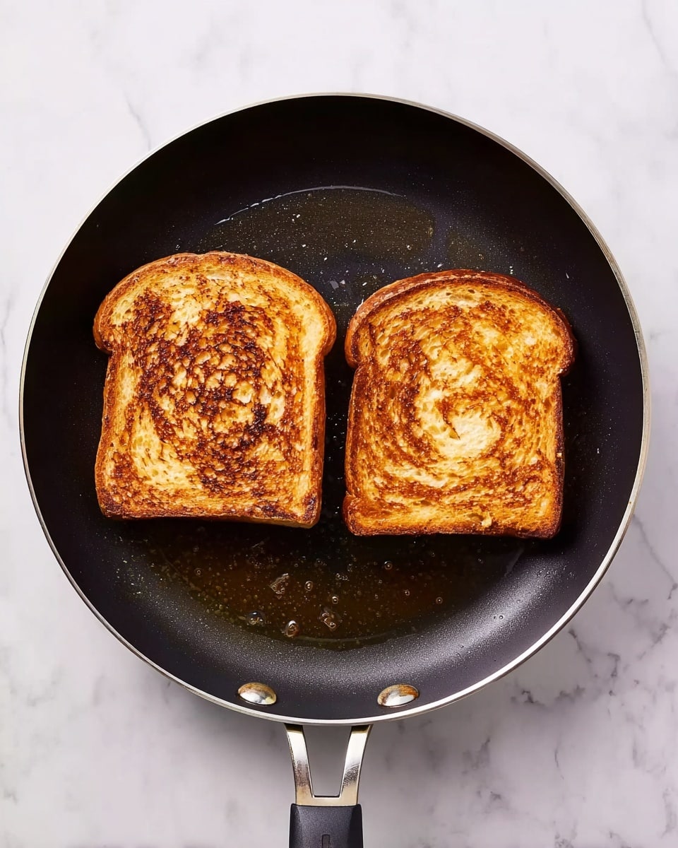 Two slices of bread are frying in a black pan with a metal rim and black handle, placed on a white marbled surface. Each slice has a golden brown toasted color with darker spots, showing a slightly crispy texture on top. The bread looks evenly cooked with some parts having a light toasted swirl pattern. The pan has a few small spots of oil on its surface. Photo taken with an iphone --ar 4:5 --v 7
