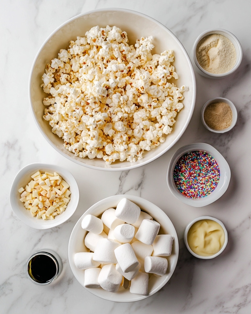 The image shows two white bowls on a white marbled surface. One large bowl is filled with light yellow popcorn, with its bumpy and fluffy texture visible all over. Below it, another large bowl holds white marshmallows that are round and soft. Around these bowls, there are smaller white bowls and containers with different ingredients: one with light yellow butter, one with smooth dark brown vanilla extract, one with beige powder, one filled with small white chocolate chips, and one small bowl with colorful round sprinkles. The white marbled surface provides a clean and bright background for all the items. photo taken with an iphone --ar 4:5 --v 7