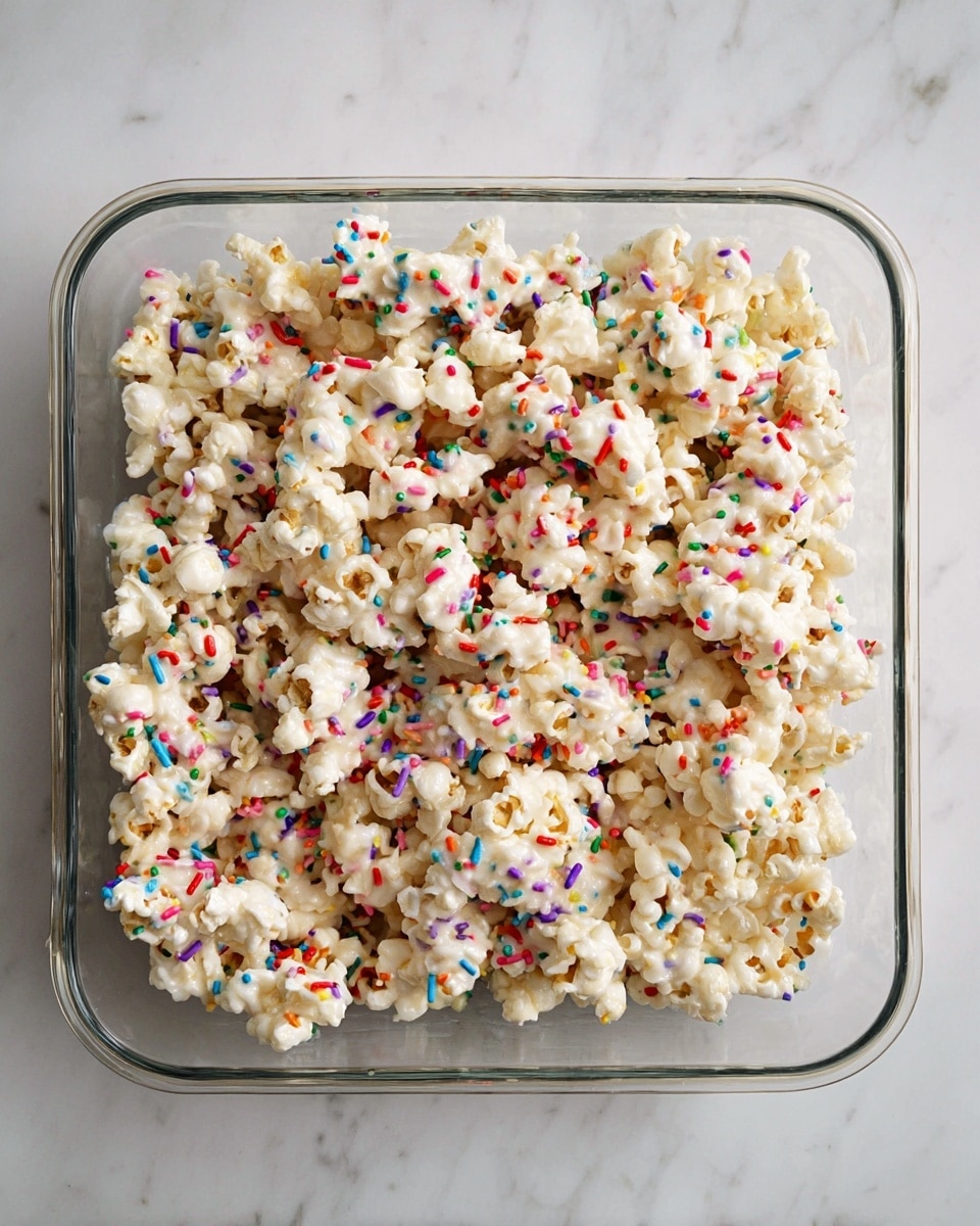 The image shows a single layer of white popcorn pieces coated in a creamy white sauce, placed inside a clear square glass dish. The popcorn pieces are covered with colorful small round and rod-shaped sprinkles in red, blue, yellow, green, pink, and purple scattered evenly across the top. Thin white strings of melted coating connect some popcorn, adding a sticky texture. The dish sits on a surface with a white marbled texture. photo taken with an iphone --ar 4:5 --v 7