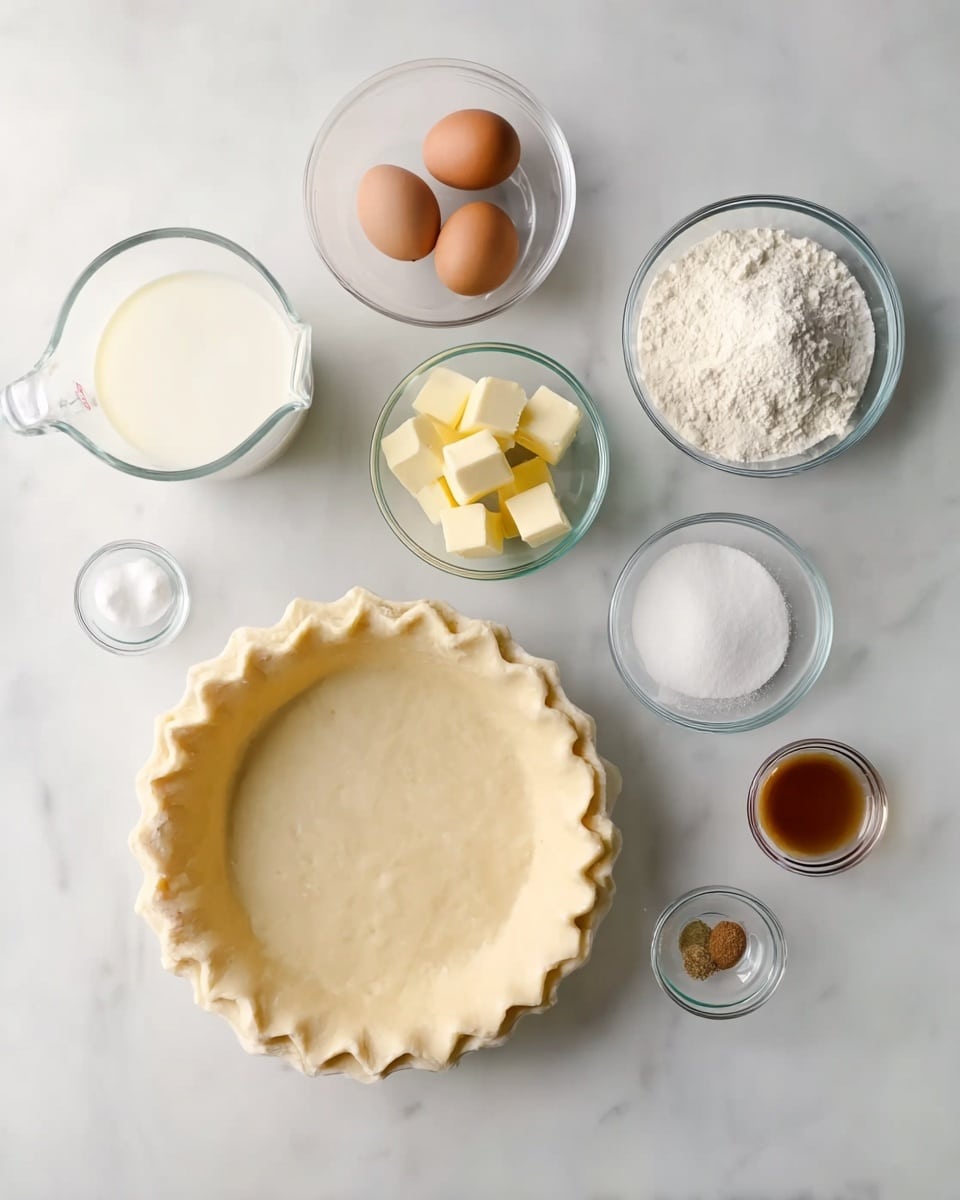 The image shows a white pie crust placed in the center on a white marbled surface. Around the pie crust, there are seven clear glass bowls and one clear measuring cup arranged evenly. Starting from the top left and moving clockwise: a clear glass measuring cup filled with white milk; a small round bowl with three brown eggs; a bigger round bowl filled with white granulated sugar; a small clear measuring cup holding a little bit of clear liquid; a round bowl with several small square pieces of pale yellow butter; a small round bowl containing white flour; a very small round bowl with a small amount of brownish spice; and a small round bowl with light brown liquid, likely vanilla extract. The ingredients are neatly spaced and the image has soft natural lighting. Photo taken with an iphone --ar 4:5 --v 7