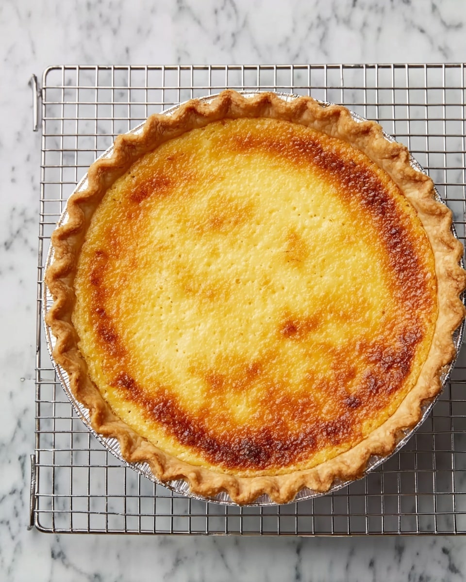 A single-layer pie with a golden brown crust that is thick and has a lightly crimped edge. The filling is smooth and evenly baked, showing a gradient of yellow to light brown shades across the top surface. The pie is placed on a metal cooling rack, which sits on a white marbled background. The overall look is simple and homey, with the pie centered in the image. photo taken with an iphone --ar 4:5 --v 7