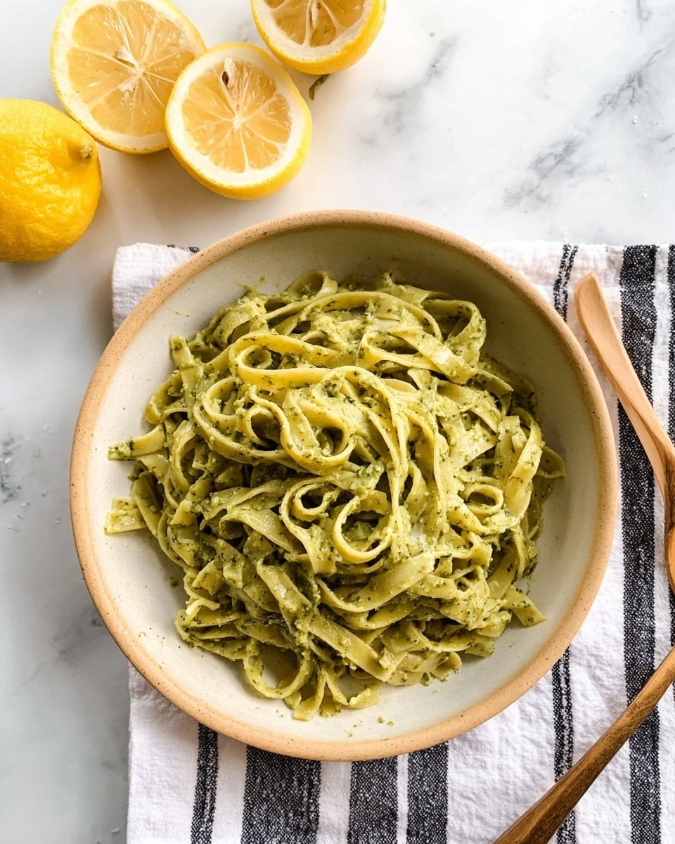 A beige bowl holds a serving of flat noodles coated in a green pesto sauce, with the noodles loosely piled in a single layer showing some curls and twists. The bowl is placed on a white and black striped cloth napkin, all set on a white marbled surface. Around the bowl, there are four lemon pieces: two halves with visible seeds and pulp, one quarter slice, and one small segment, all showing bright yellow rind and juicy texture. Photo taken with an iphone --ar 4:5 --v 7