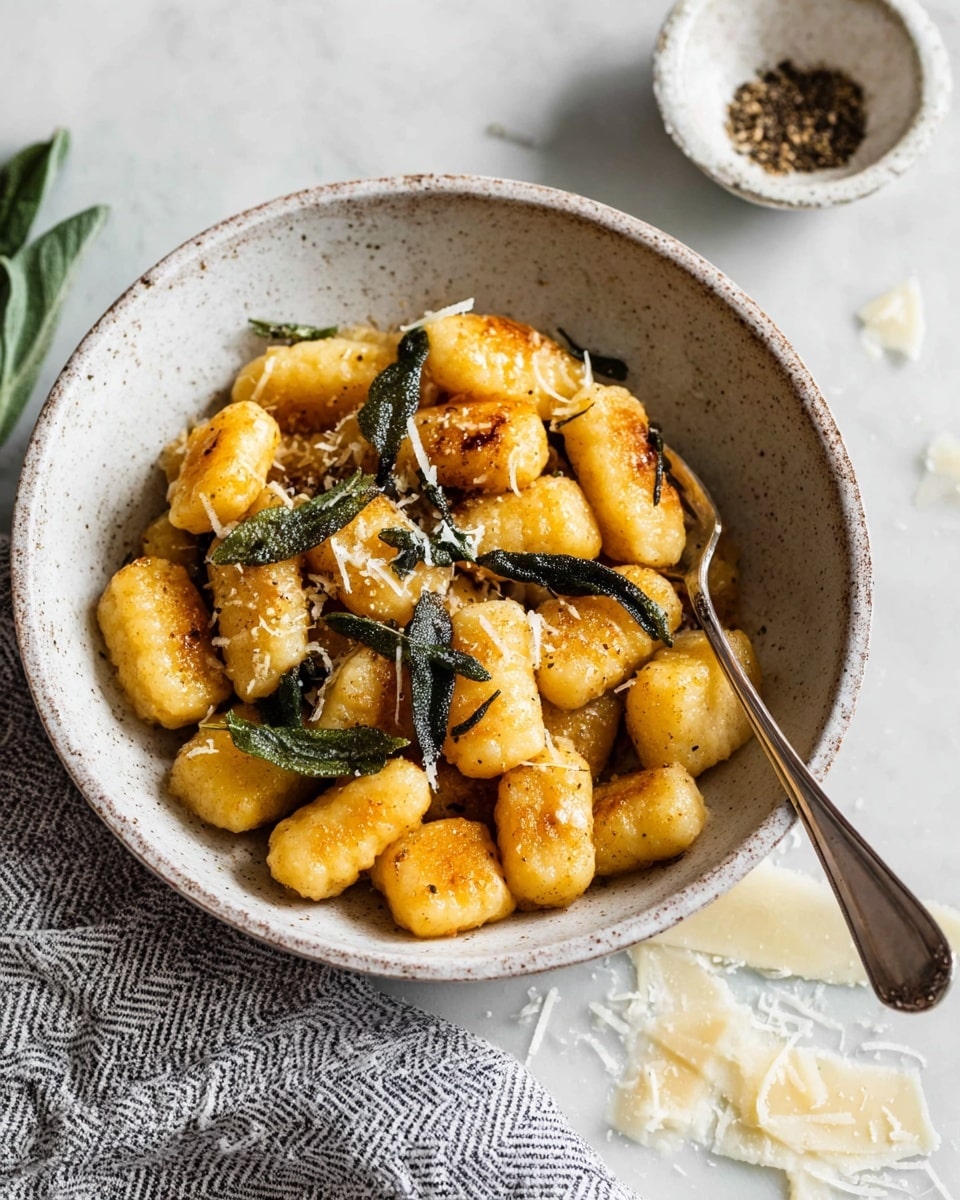 A white speckled bowl filled with golden brown gnocchi pieces that have a slightly crispy texture on the edges, mixed with dark green fried sage leaves spread evenly on top. The gnocchi are sprinkled with small white shavings of cheese, adding a light contrast to the warm colors. A silver fork rests inside the bowl, pointing diagonally outwards. The bowl sits on a white marbled surface with some scattered cheese shavings and a soft grey and white chevron cloth nearby. In the background, a small white speckled bowl holds ground pepper. photo taken with an iphone --ar 4:5 --v 7