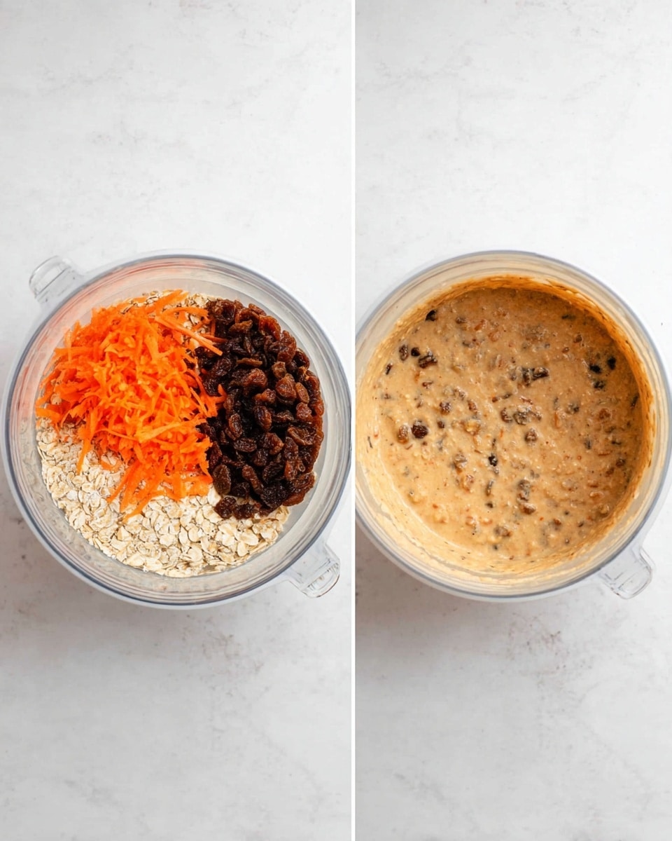 The image shows two clear white bowls placed side by side on a white marbled surface. The left bowl contains three layers visually separated: at the bottom, there is a base layer of light beige oats, topped on one side with bright orange shredded carrots and on the other side with a pile of dark brown raisins. The right bowl shows the ingredients mixed together into a smooth, creamy, beige batter with darker specks evenly spread throughout. Both bowls have thick, round edges and a handle visible on the left side, suggesting a mixing bowl style. Photo taken with an iphone --ar 4:5 --v 7
