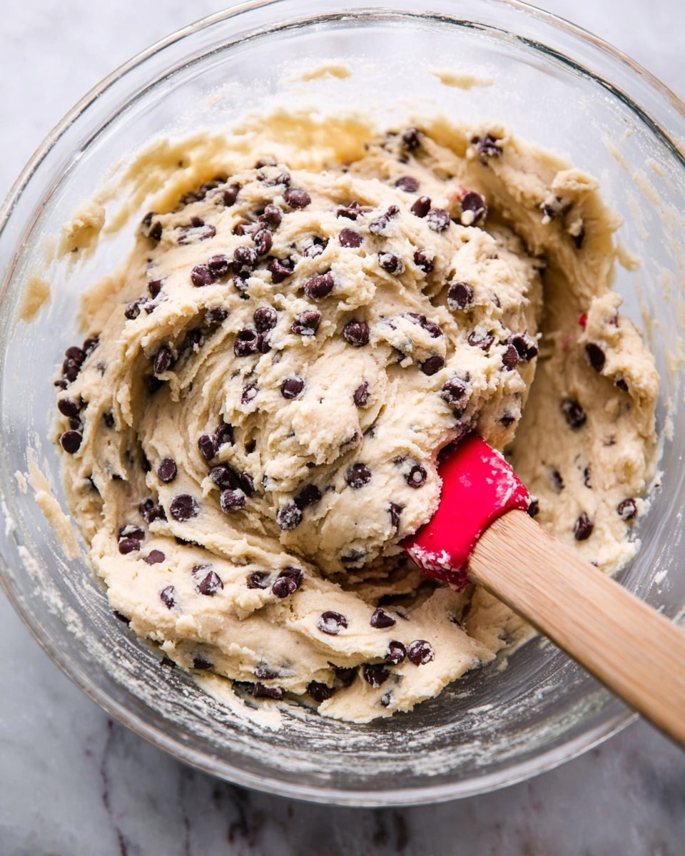 This image shows a glass bowl filled with thick, creamy, beige-colored cookie dough mixed evenly with many small, dark chocolate chips scattered throughout. A wooden spoon with a red rubber head is partially dipped into the dough from the right side, showing some dough clinging onto it. The bowl rests on a white marbled surface, and the photo is taken from above, focusing closely on the texture and mix of the dough and chocolate chips. Photo taken with an iphone --ar 4:5 --v 7