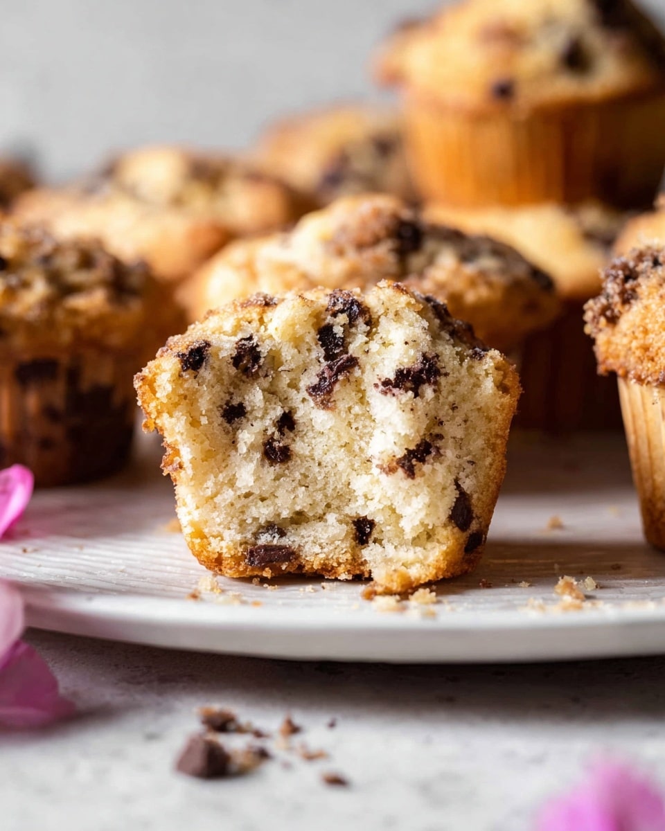 A close-up view of a broken chocolate chip muffin piece showing a soft, light beige inside dotted with small, dark chocolate chips throughout. Around this muffin piece are whole muffins in the background with a golden brown baked texture, slightly crispy on the edges. The muffins rest on a white plate with a subtle patterned surface, placed on a white marbled texture. Small crumbs and bits are scattered near the muffins with hints of soft pink flower petals near the left edge. The image is shot with shallow depth, focusing on the broken muffin piece in the front. photo taken with an iphone --ar 4:5 --v 7