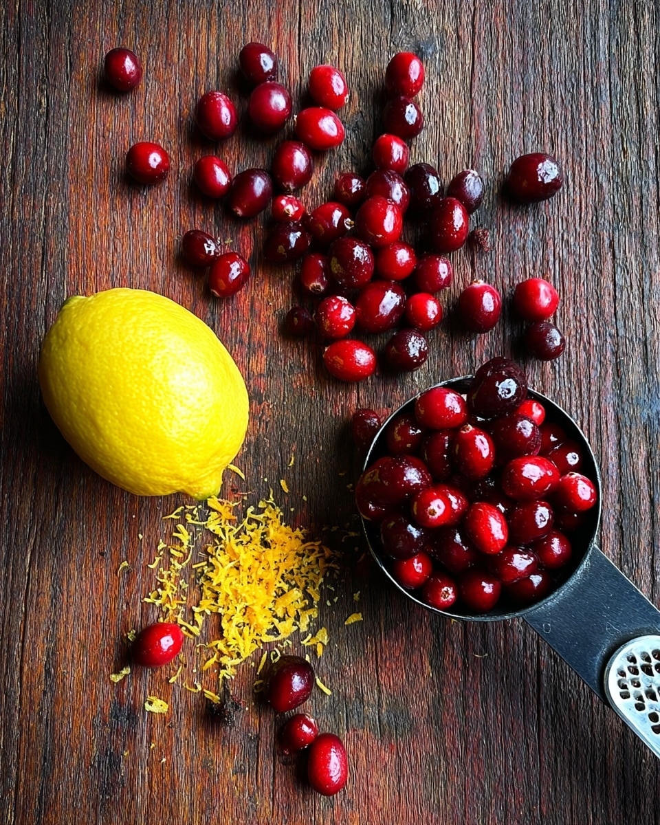 The image shows a dark wooden surface with a black measuring cup full of bright red cranberries on the right side. Some cranberries are scattered outside the cup across the wood. On the left side, there is a pile of finely grated yellow lemon zest next to a whole lemon with a rough texture. Near the bottom right corner, part of a metal grater is visible. The scene has a natural, fresh, and simple feel. Photo taken with an iphone --ar 4:5 --v 7