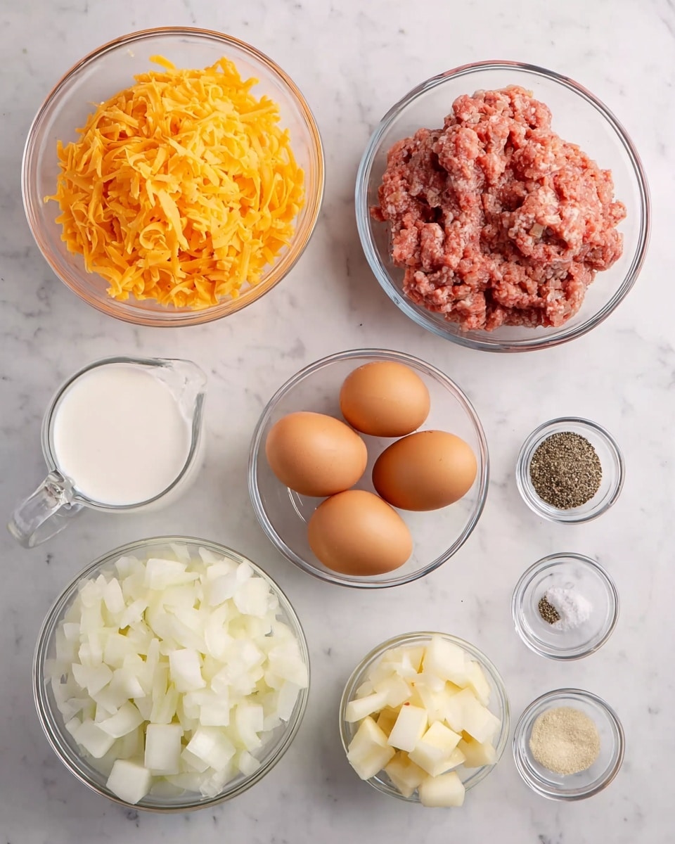 The image shows a white marbled surface with several clear glass bowls and a measuring cup filled with ingredients arranged neatly. One bowl contains a mound of bright orange shredded cheese, another holds a pile of raw ground meat with a pinkish tone mixed with white bits, while a third bowl is filled with four whole brown eggs. There are also two bowls with diced white potatoes and chopped white onions. A small measuring cup contains a white liquid, likely milk. Three small glass bowls hold black pepper, a white powder, and a light yellow powder, all spaced evenly on the right side of the frame. The overall look is clean and organized with a mix of smooth and rough textures. Photo taken with an iphone --ar 4:5 --v 7