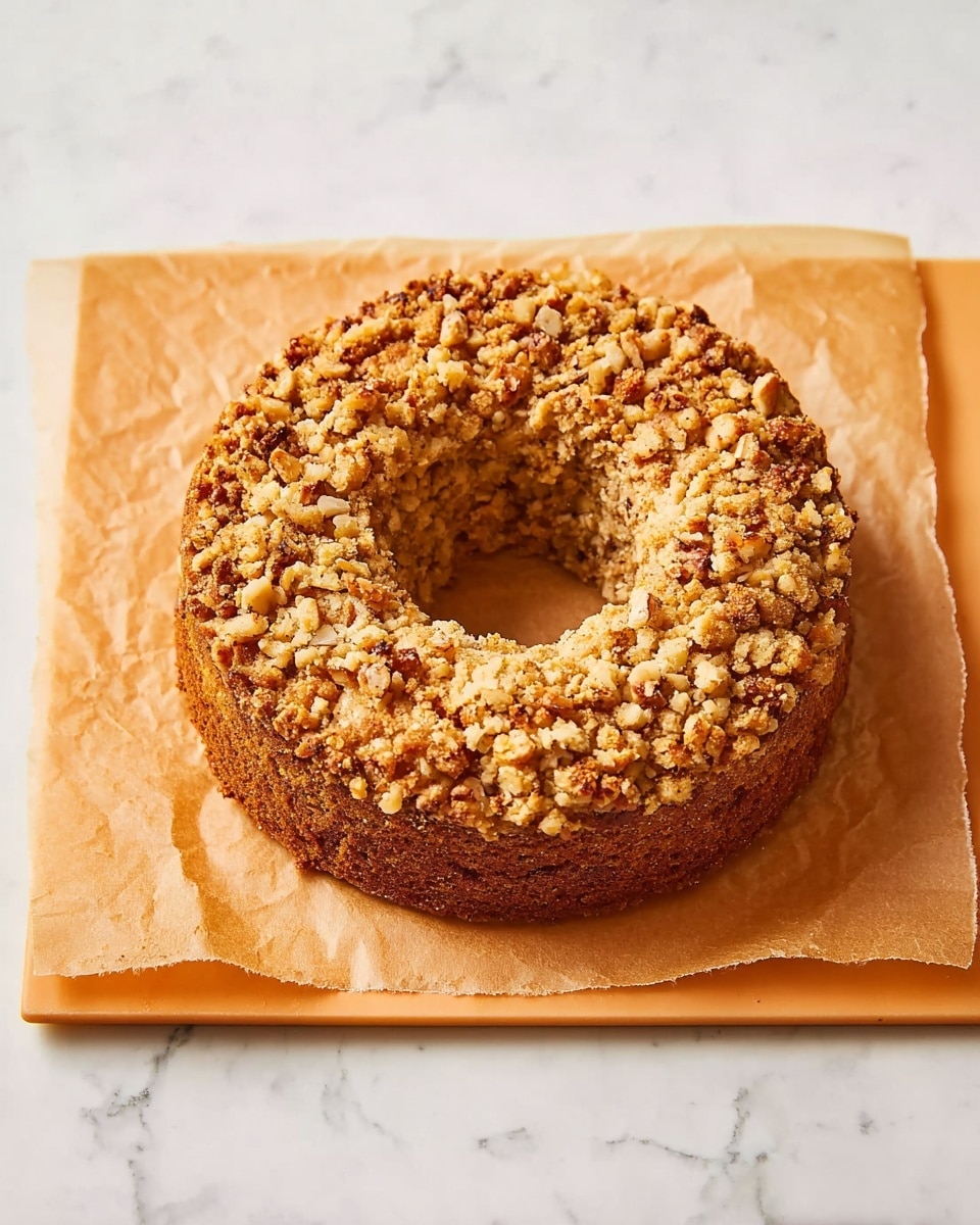 The image shows a single round cake with a hole in the center, resembling a bundt shape. The cake is topped with an uneven crumb layer that looks crunchy and textured, with bits of nuts or small pieces mixed in, giving it a golden brown color. It is placed on a piece of light brown parchment paper, which rests on a flat, soft-orange board. The background is a white marbled surface. photo taken with an iphone --ar 4:5 --v 7