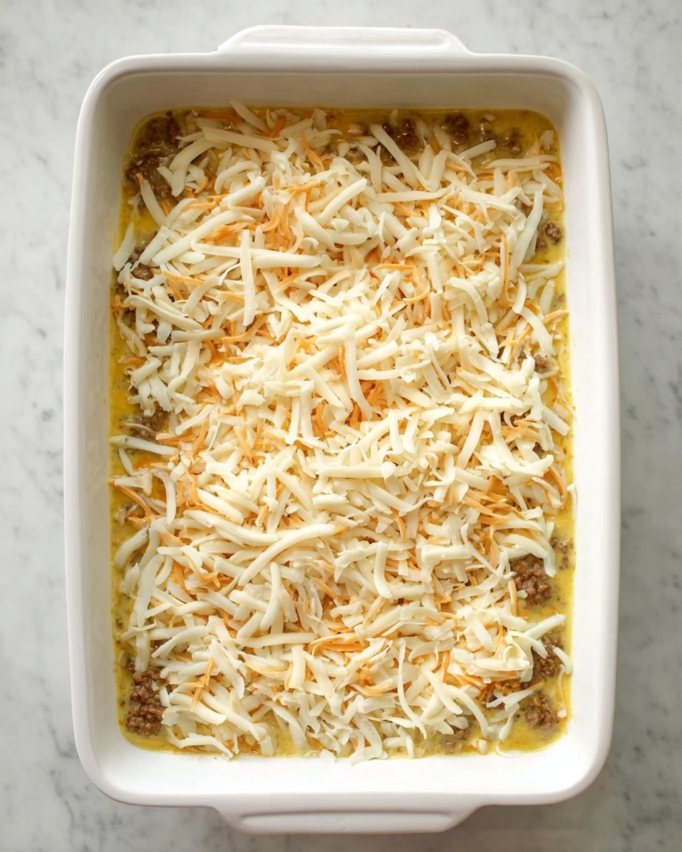 The image shows a white rectangular baking dish filled with a layered mixture. The base layer is a yellowish creamy substance mixed with bits of brown meat. On top, there is a generous layer of shredded cheese, combining white and light orange colors, evenly spread over the surface. The dish sits on a white marbled surface. photo taken with an iphone --ar 4:5 --v 7