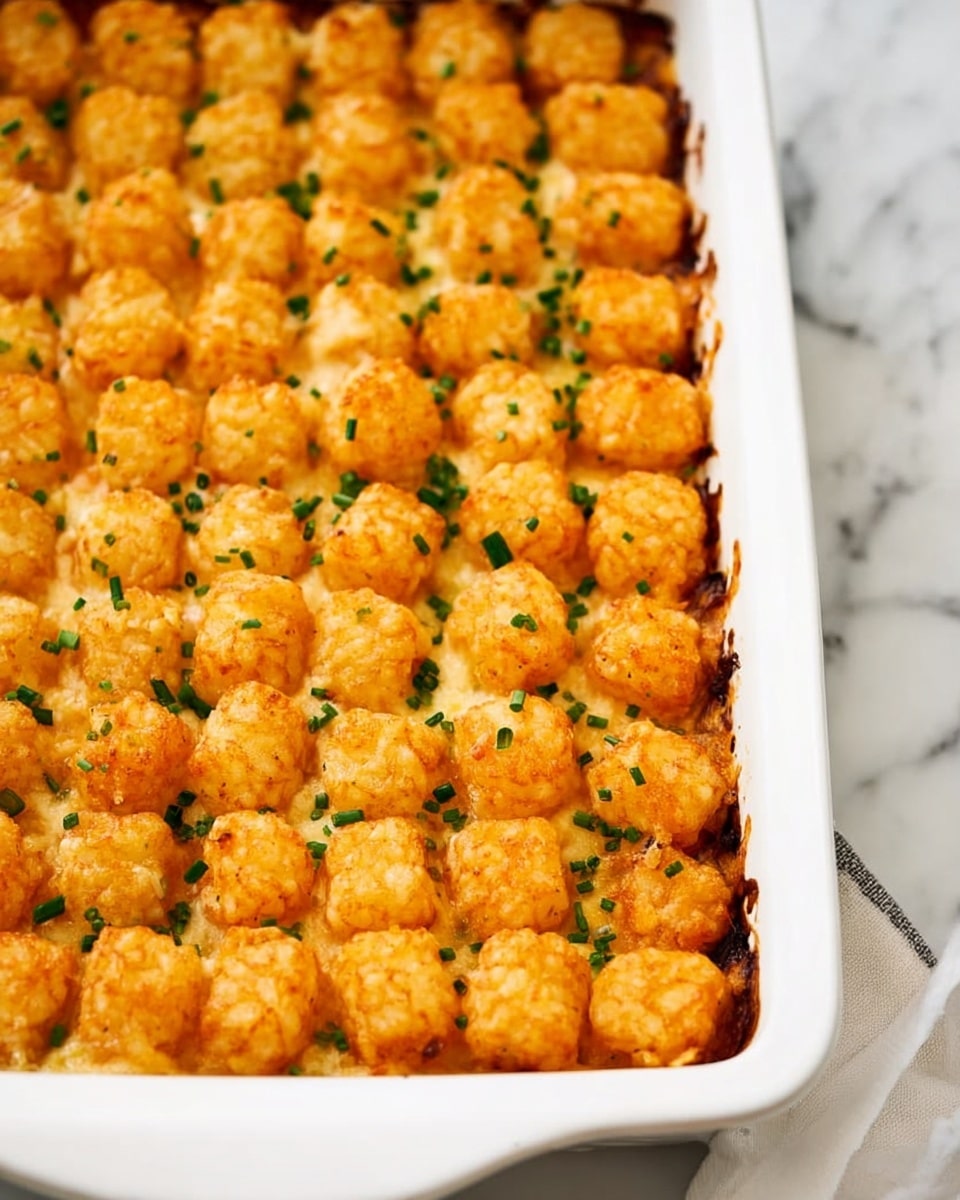 A white rectangular baking dish filled with a baked casserole topped with many golden-brown rounded tater tots arranged closely together in rows. The tater tots have a crispy texture with light brown edges and a soft orange hue from seasoning. Small green herb pieces, likely chopped chives, are sprinkled evenly across the tater tots, adding a fresh pop of color. The edges of the dish show some darker baked bits, suggesting a rich, cheesy or creamy base layer underneath the tater tots. The dish is placed on a white marbled surface. photo taken with an iphone --ar 4:5 --v 7