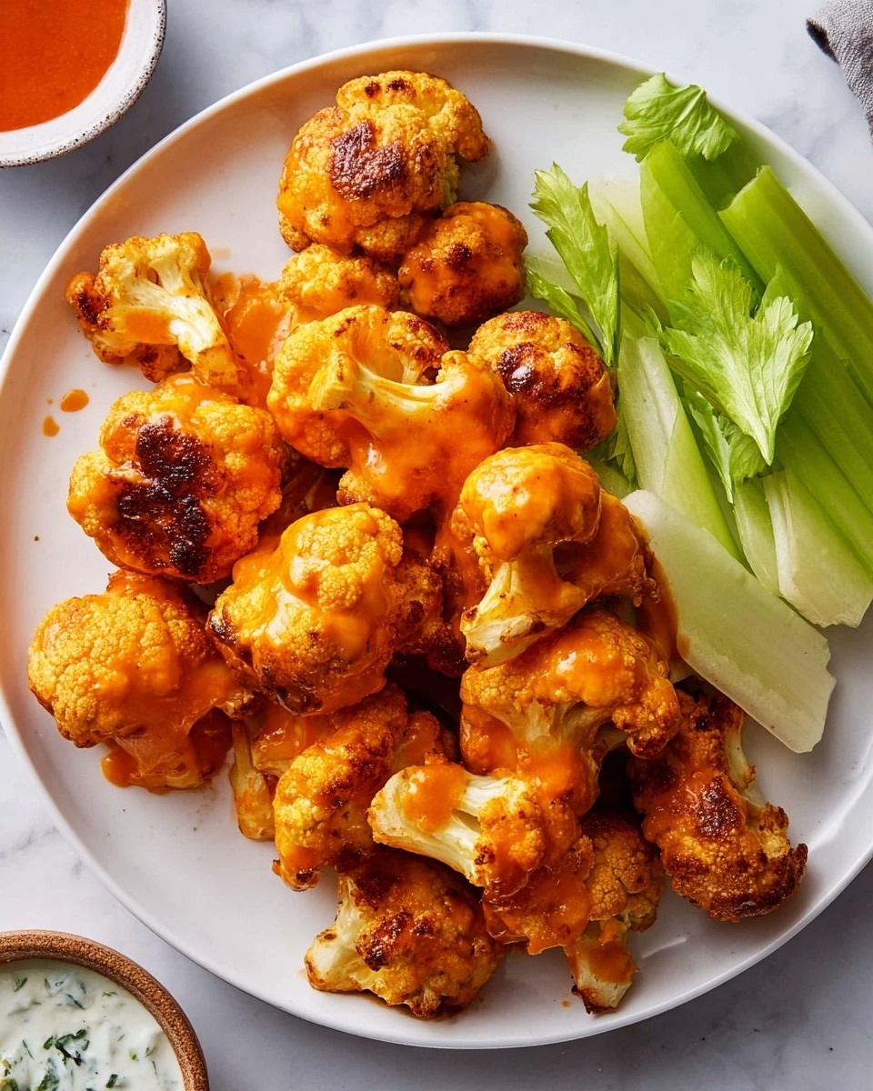 A white plate filled with about twelve golden-brown cauliflower florets covered in a bright orange sauce, some florets showing a crispy texture with a slightly darker roasted edge. On the right side of the plate are four light green celery sticks with leafy tops, adding a fresh contrast. The plate sits on a white marbled surface. Two small bowls of dipping sauce are partially visible at the bottom corners, one with a reddish sauce and the other with a creamy white sauce with herbs. Photo taken with an iphone --ar 4:5 --v 7