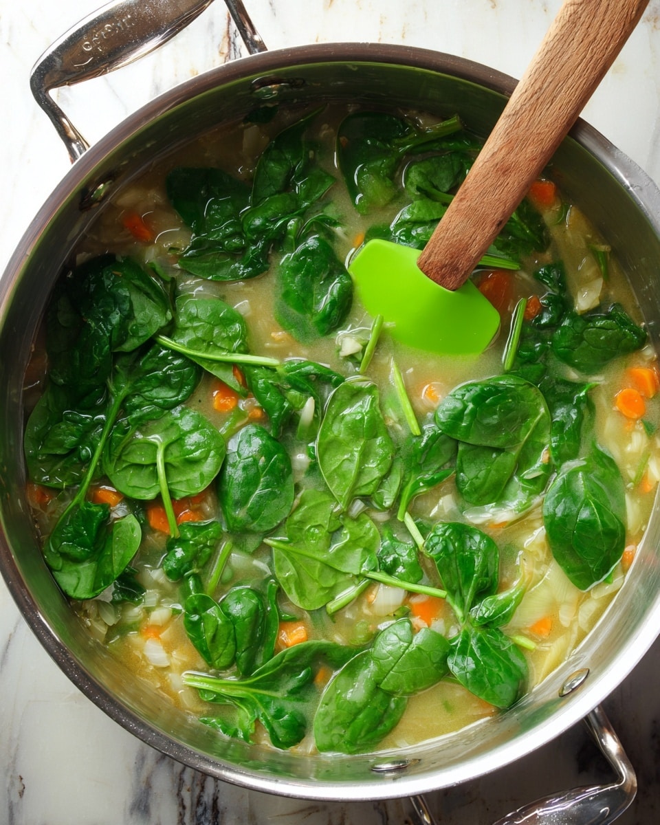 A close-up top view of a shiny silver pot filled with a thick soup cooking on a white marbled surface, filled with bright green fresh spinach leaves floating on top as the top layer, with visible small pieces of orange carrot and pale yellow onion chunks mixed in the light yellowish broth underneath, a green silicone spatula with a wooden handle stirs the soup inside the pot, the pot's handles are shiny silver and visible on both sides, photo taken with an iphone --ar 4:5 --v 7