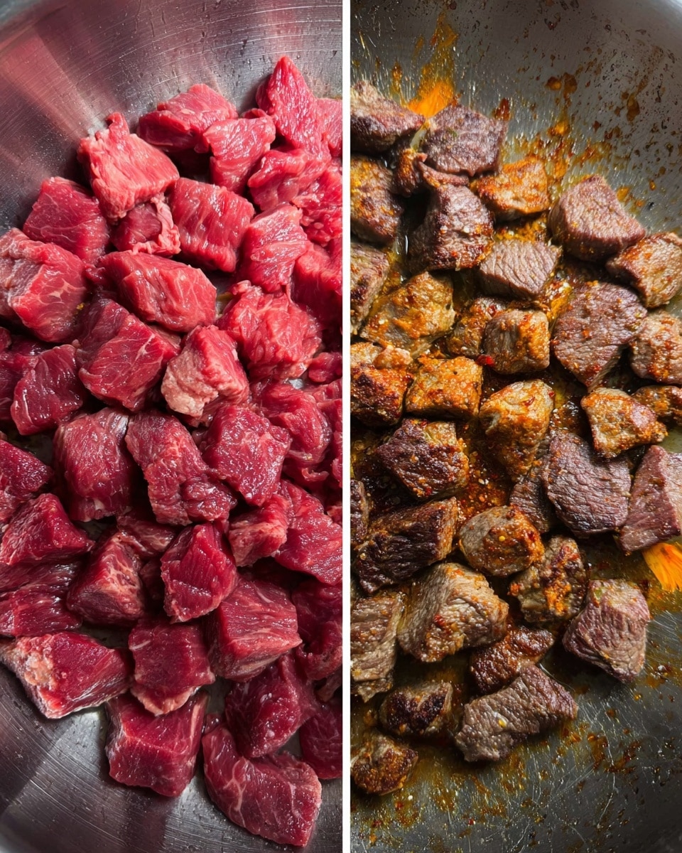 The image shows two side-by-side close-ups of a metal pan with meat pieces inside. On the left side, the raw meat pieces are bright pink and red, with a fresh, moist texture, spread in one layer covering the pan's bottom. On the right side, the same meat pieces are cooked, showing a brown, crispy surface with some charred areas, giving a mix of dark and medium brown shades with a slight shiny, oily texture. The pan’s bottom has some orange-brown cooking residue visible around the meat pieces. The background is a white marbled texture photo taken with an iphone --ar 4:5 --v 7
