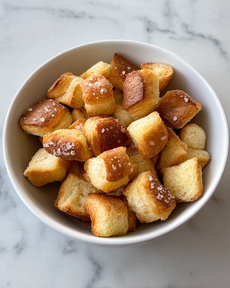 A white bowl holds many small golden brown puffed pieces of soft bread, each with a slightly uneven square or rectangular shape and a light, fluffy texture. Some pieces are sprinkled with coarse salt crystals that add a bit of sparkle and roughness to their smooth tops. The bowl sits on a surface with a white marbled texture that contrasts gently with the warm tones of the bread pieces. photo taken with an iphone --ar 4:5 --v 7