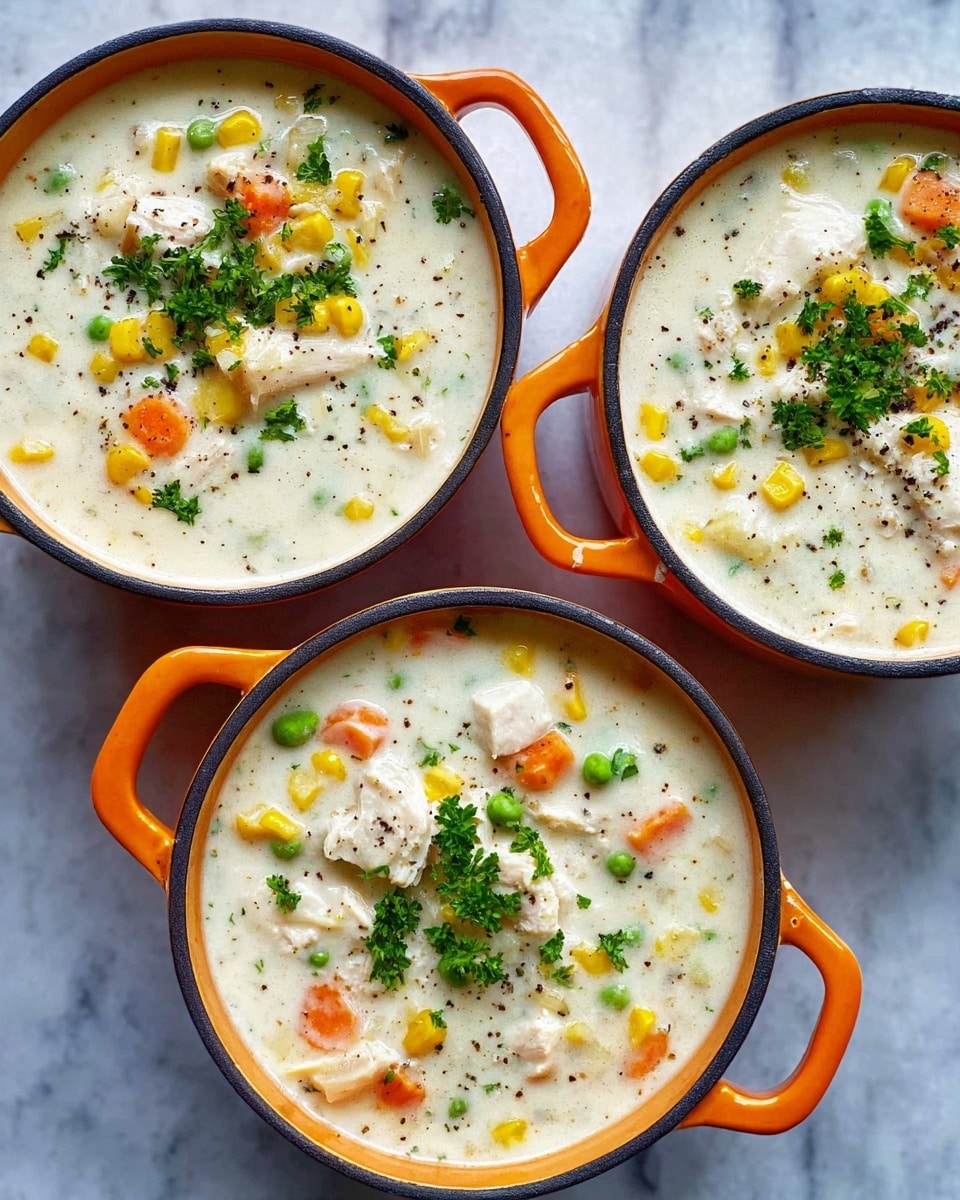 Three orange handled round pots are filled with thick creamy white soup that has small chunks of orange carrots, yellow corn, green peas, and pieces of white chicken meat mixed inside. The soup surface is sprinkled with small green parsley leaves and cracked black pepper. The pots are placed on a white marbled surface. photo taken with an iphone --ar 4:5 --v 7