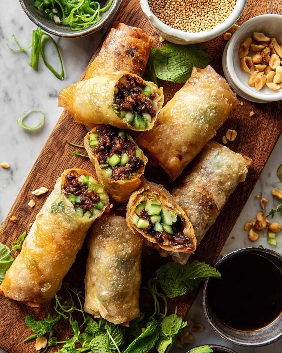 The image shows several crispy spring rolls with a golden, thin outer layer that has small bubbles on the surface. Some spring rolls are whole, while others are sliced open, revealing layers inside of dark brown cooked meat, bright green chopped cucumber, fresh green herbs, and crushed peanuts. The rolls are placed on a wooden cutting board with a white bowl of sesame seeds and a light brown dipping sauce on the top right. There are also small metal bowls with thick dark soy sauce and scattered peanuts. Fresh green herbs are used as garnish on top of the spring rolls. The background features a white marbled texture. photo taken with an iphone --ar 4:5 --v 7