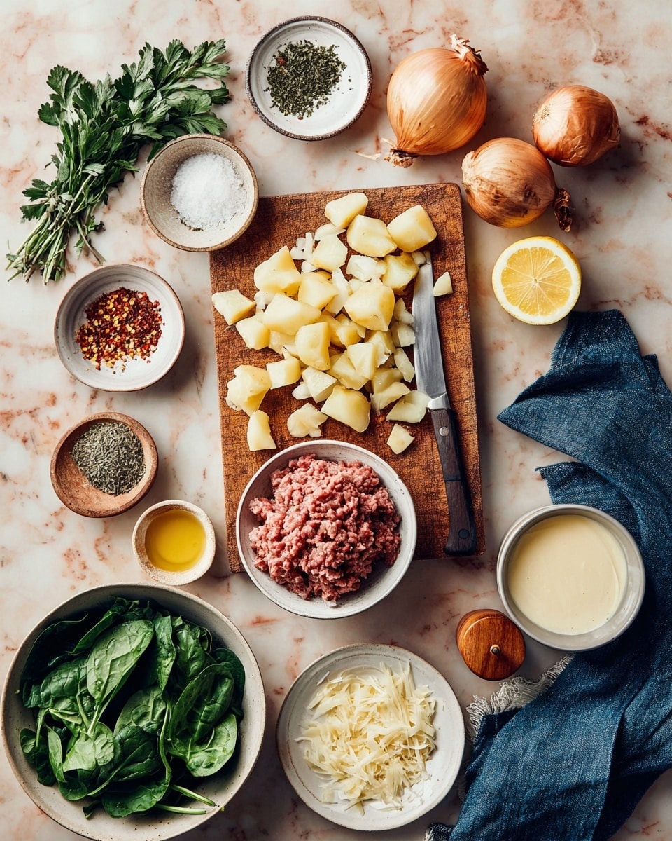 The image shows a wooden board with chopped potatoes and onion pieces in the middle, whole onions and potatoes around them, and a knife placed sideways on the board. Above the board is a small white bowl holding potato chunks. To the left, there is a bunch of fresh green herbs, a small round white bowl with dried green herbs, and a small dark bowl with red pepper flakes. Below the board, there is a round white bowl full of fresh spinach leaves. To the right of the board, there are two lemon halves, a small white marbled bowl with salt, a wooden pepper grinder, and a small plate with a large portion of ground meat on white parchment paper. Below, there is a small white plate with shredded cheese, a small wooden cup with cream, and a glass jar with a yellow liquid. A folded indigo cloth sits near the bottom right corner. All items are set on a white marbled surface photo taken with an iphone --ar 4:5 --v 7