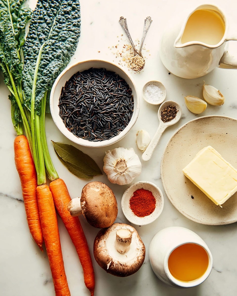 The image shows an arrangement of fresh and dry cooking ingredients on a white marbled surface. At the center is a white bowl filled with black wild rice, with a few grains spilled around it. Around the bowl are three brown mushrooms with smooth caps, two stalks of celery with leaves, three bright orange carrots, and a couple of dark green kale leaves with deep texture. To the right, a white plate holds three peeled garlic cloves, a bay leaf, two small spoons containing salt and pepper, and a small white bowl filled with red spice powder. Nearby are a white pitcher with a creamy white liquid, a small white jug with golden-yellow liquid, and a light beige plate holding a block of butter. Photo taken with an iphone --ar 4:5 --v 7